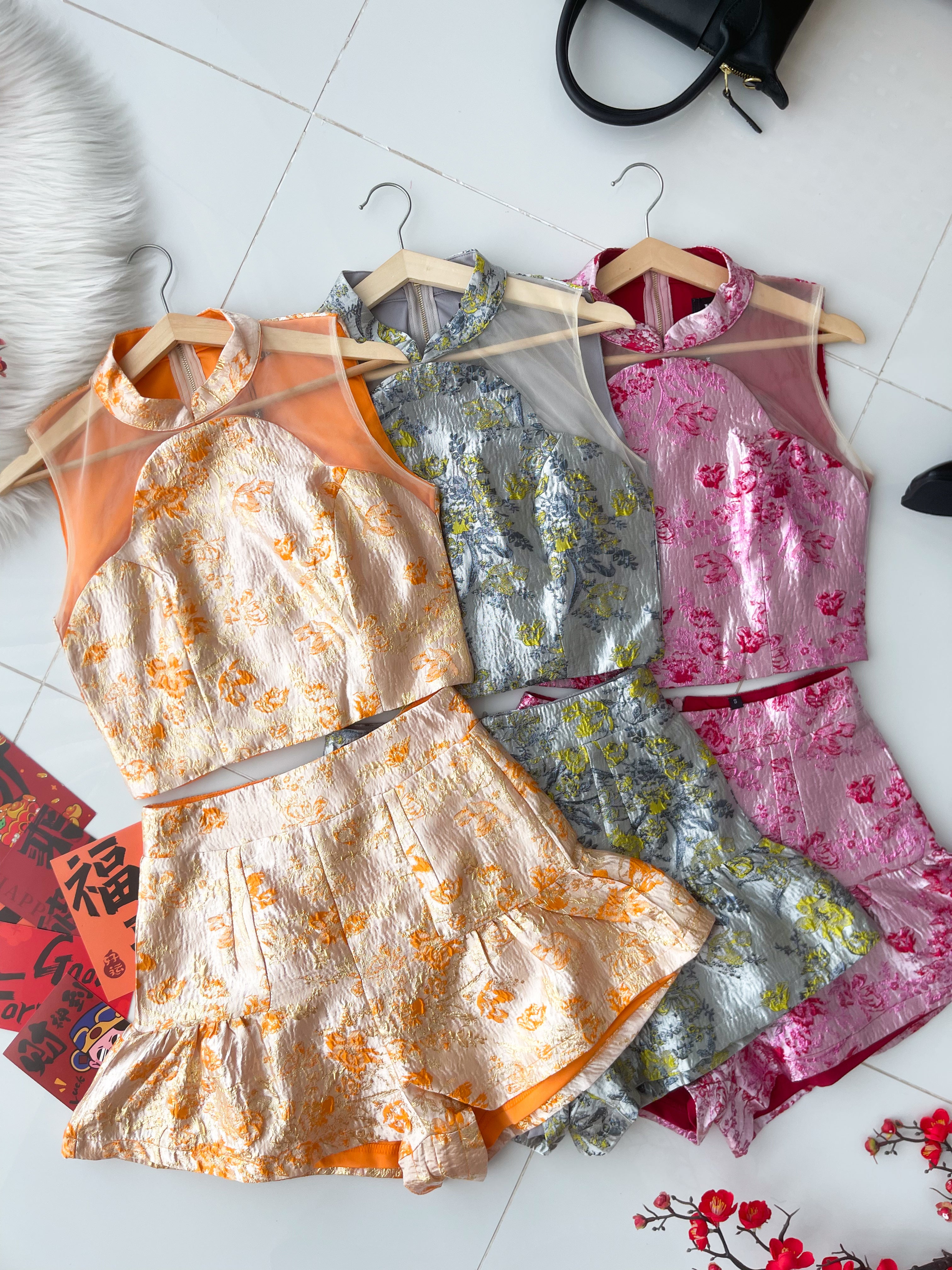 【SS8240071】高品质两件式高档新中式提花旗袍套装 提花拼接无袖网纱提花旗袍上衣➕提花高腰裤裙 ❤️❤️