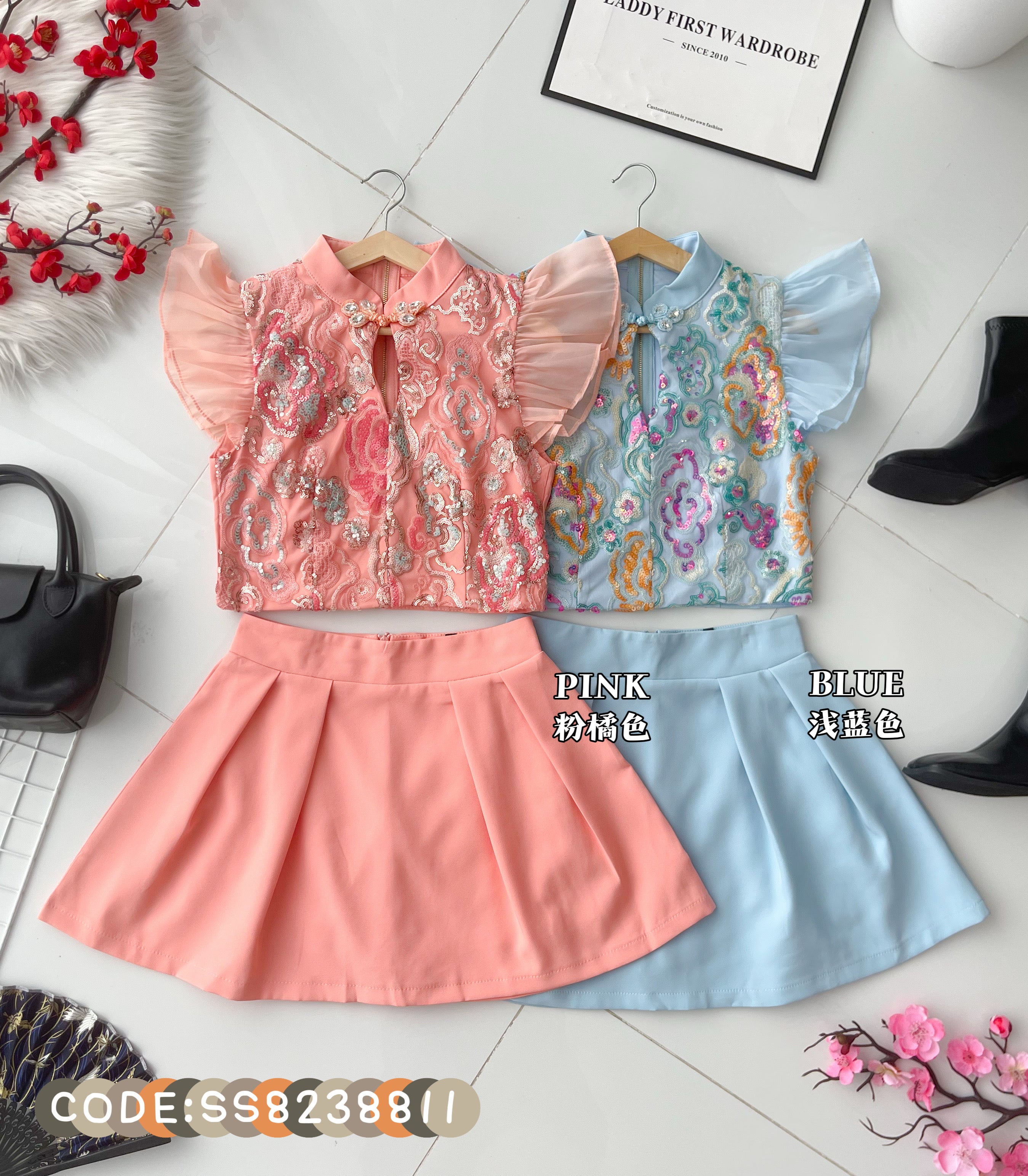 【SS8238811】高品质两件式重工新中式气质旗袍套装 锦棉拼接亮片旗袍上衣➕西装高腰百搭裙子，内层有里布短裤 ❤️❤️【A-R1-C5】