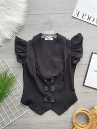【T8238751】高品质V翻领荷叶袖甜美蝴蝶结设计时装上衣 ❤❤ 【B-R1-C6】
