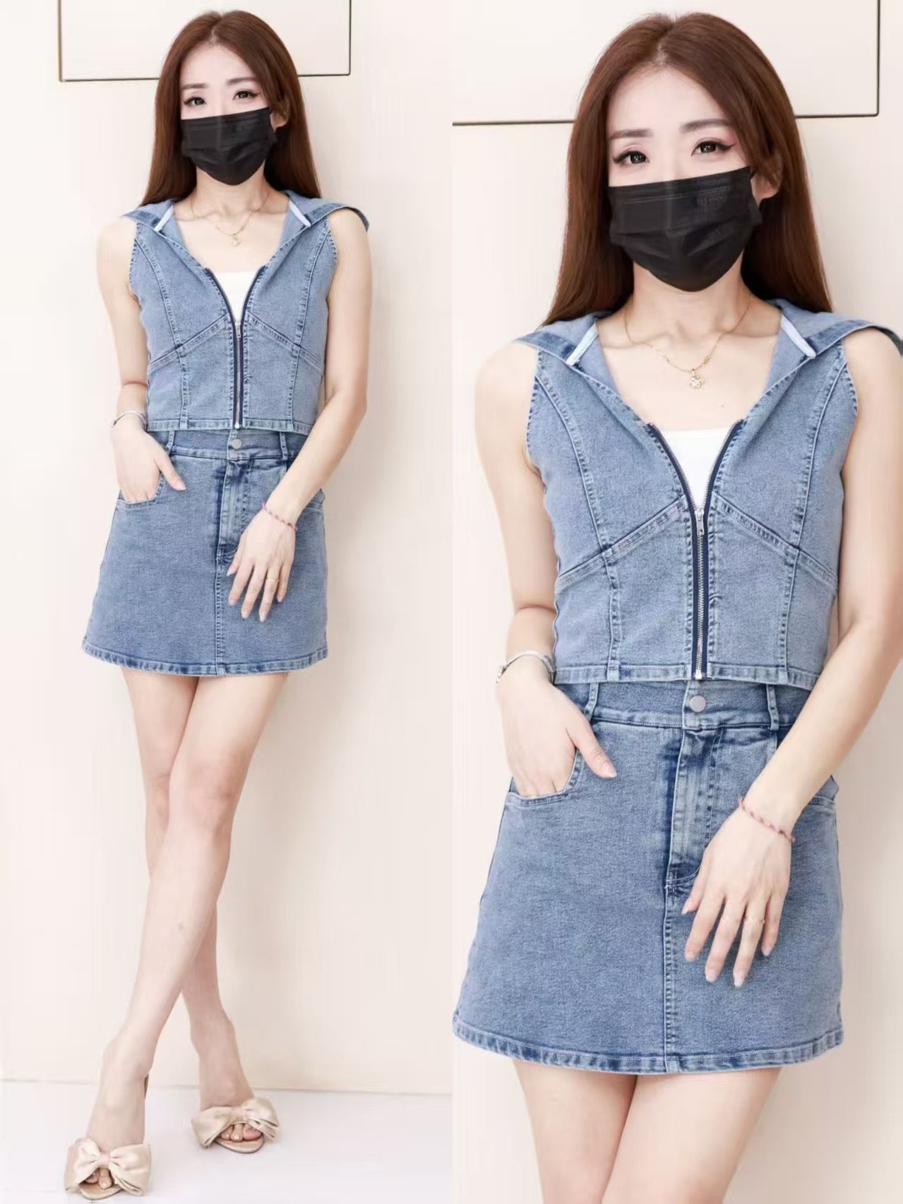 【SS7120】高品质简约时尚马甲式连帽牛仔套装 #前后裙内有裤子 牛仔无袖连帽上衣➕牛仔高腰裤裙，有口袋 ❤️❤️【B-R1-C1】