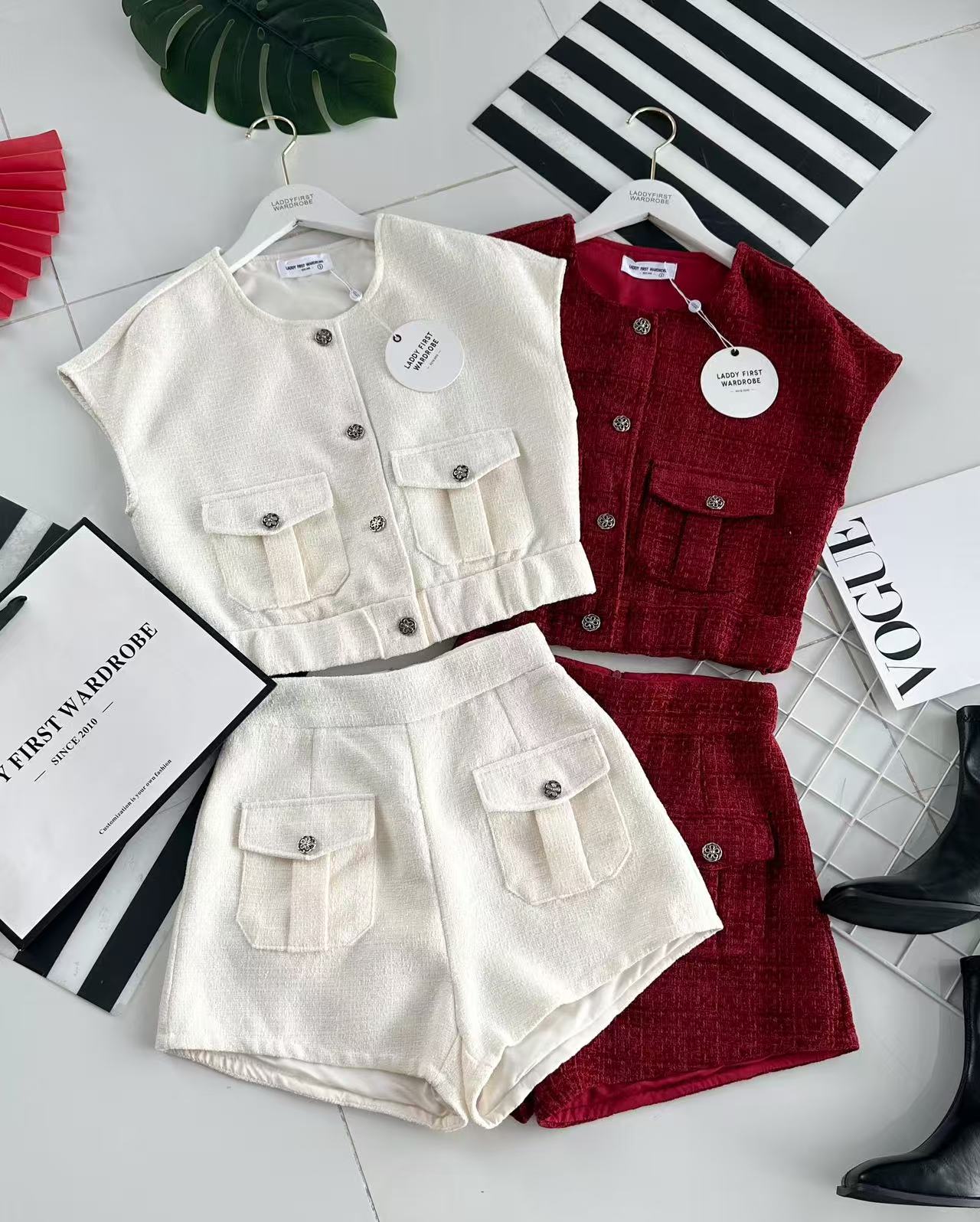 【SS3509】【LFW独家小圆饼】高品质两件式简约时尚小香风套装 小香风出袖上衣➕小香风高腰百搭短裤，有口袋 ❤️❤️