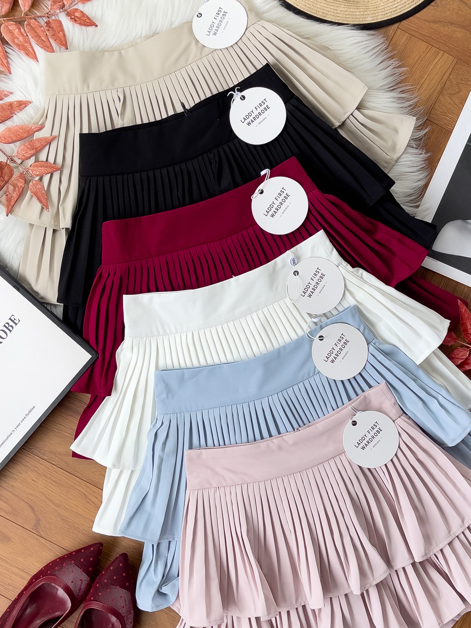 【S68135】【LFW独家小圆饼】【直播间搭配】双层蛋糕百褶荷叶边高腰显瘦西装裙子，内层防走光短裤 ❤️❤️ 【C-R3-C5】