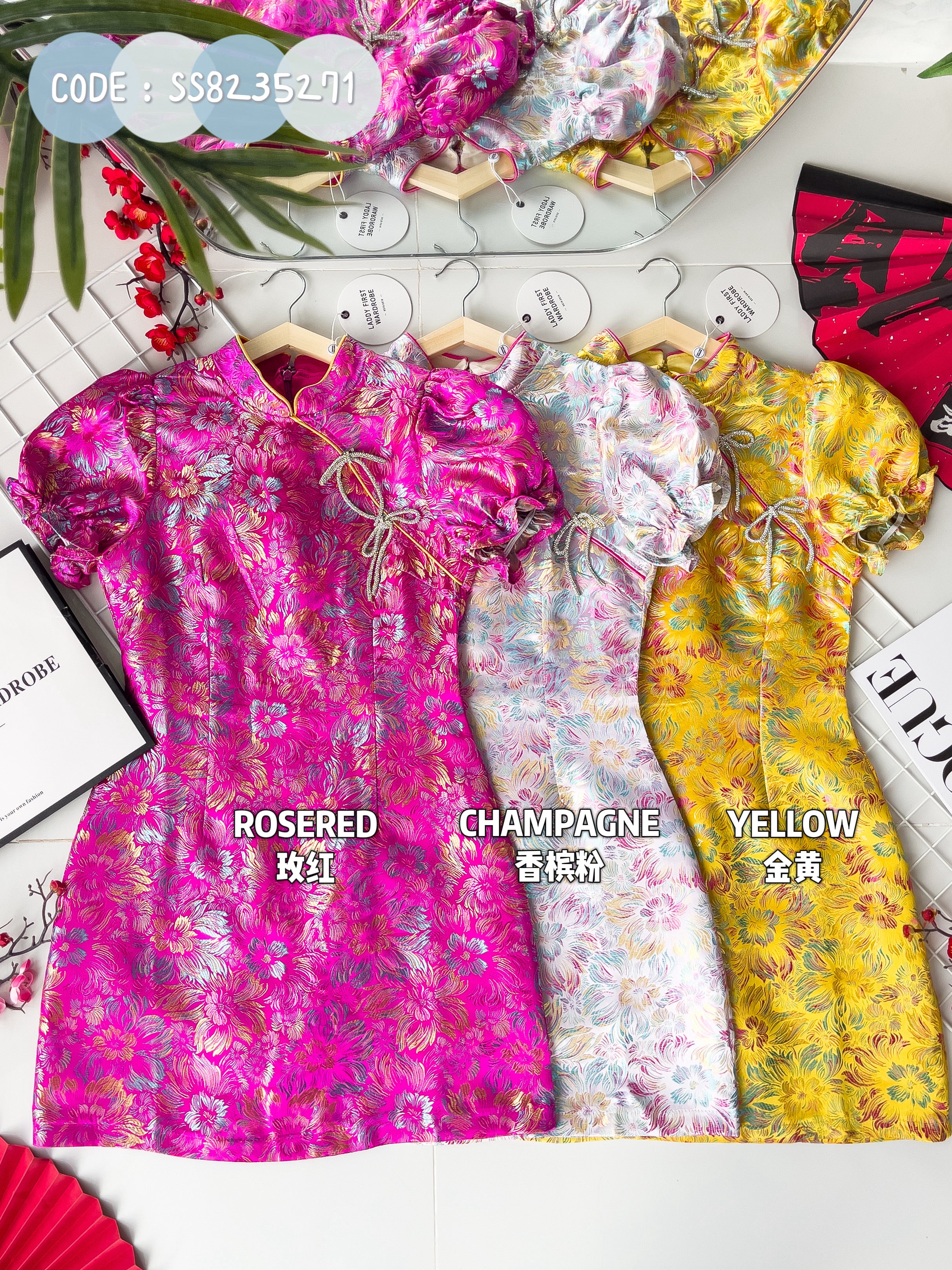 【D8235271】独家爆款优雅气质国风立领泡泡袖显腰身提花旗袍连身裙子，搭配精致蝴蝶结水钻针扣点缀【B-R3-C4】