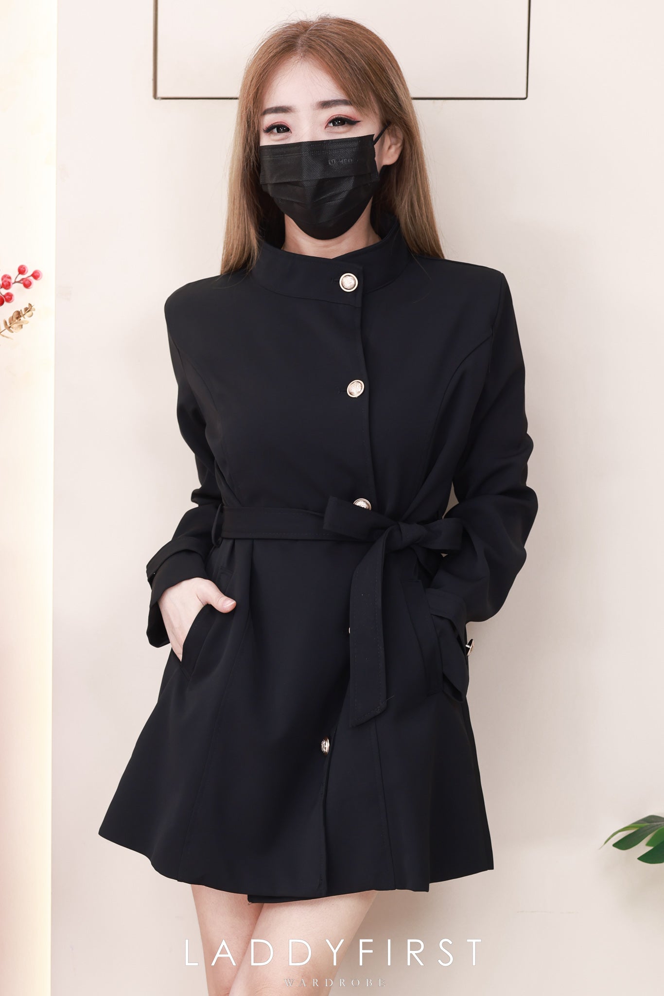 【JK2358】高品质韩式度假风气质立领长袖风衣外套/连身裙子，自辨腰带收腰，有口袋 ❤️❤️