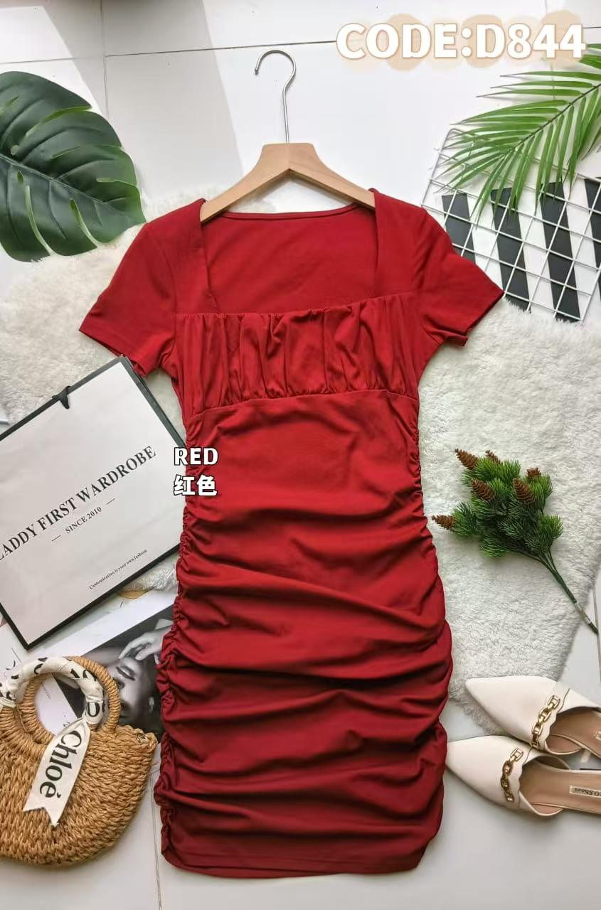 【D844】短袖方领纯棉弹力连身裙子，两侧抽褶设计 ❤️❤️