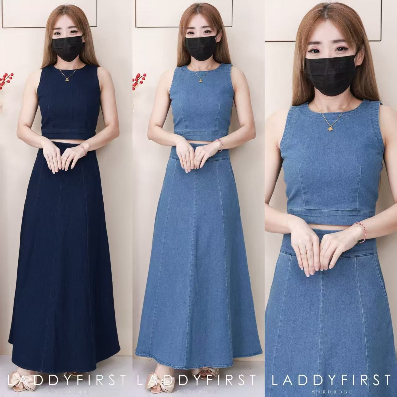 【SS7062-1】⚡补货预订款⚡高品质两件式韩系极简简约牛仔套装 无袖短版牛仔上衣➕牛仔高腰九分长裙，有口袋 ❤️❤️