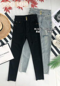 【L1130】高品质牛仔排扣高腰紧身弹力小脚铅笔九分长裤，有口袋 ❤️❤️ 【A-R1-C1】