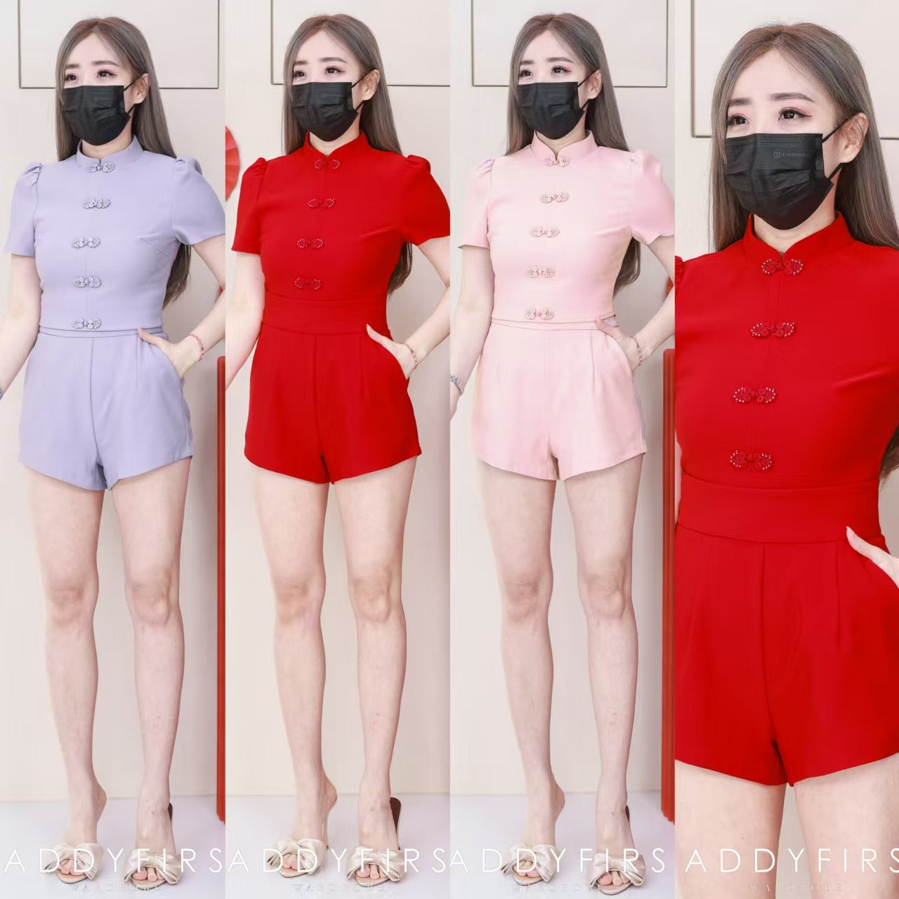 【SS3504】【LFW独家小圆饼】高品质两件式简约时尚西装四面弹唐装旗袍套装 立领盘扣短袖旗袍上衣➕西装高腰百搭短裤，有口袋 ❤️❤️