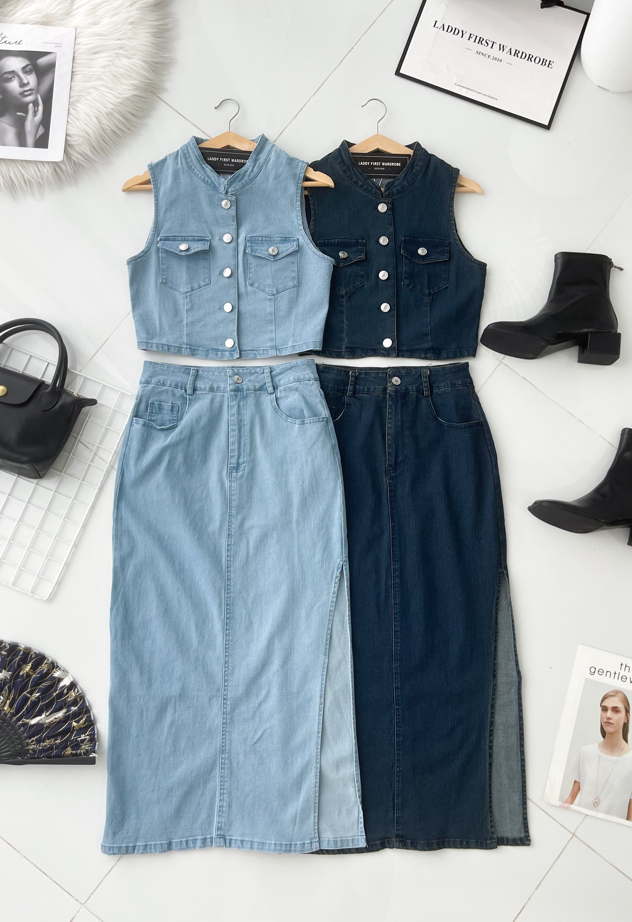 【SS21723 / 37601】高品质两件式韩系御姐风气质牛仔套装 马甲式牛仔上衣➕侧边开叉设计牛仔高腰长裙❤️❤️【B-R1-C4】