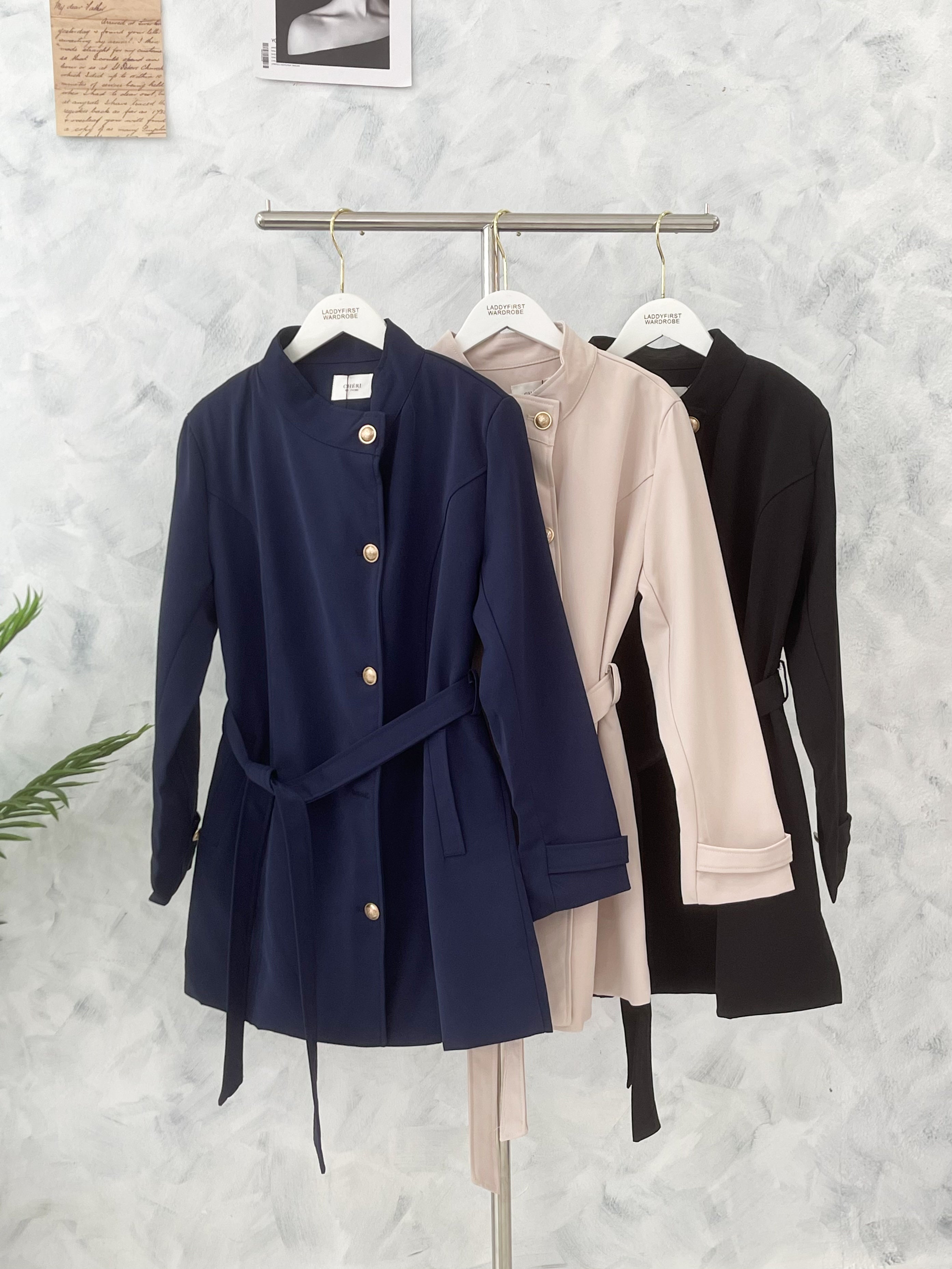 【JK2358】高品质韩式度假风气质立领长袖风衣外套/连身裙子，自辨腰带收腰，有口袋 ❤️❤️