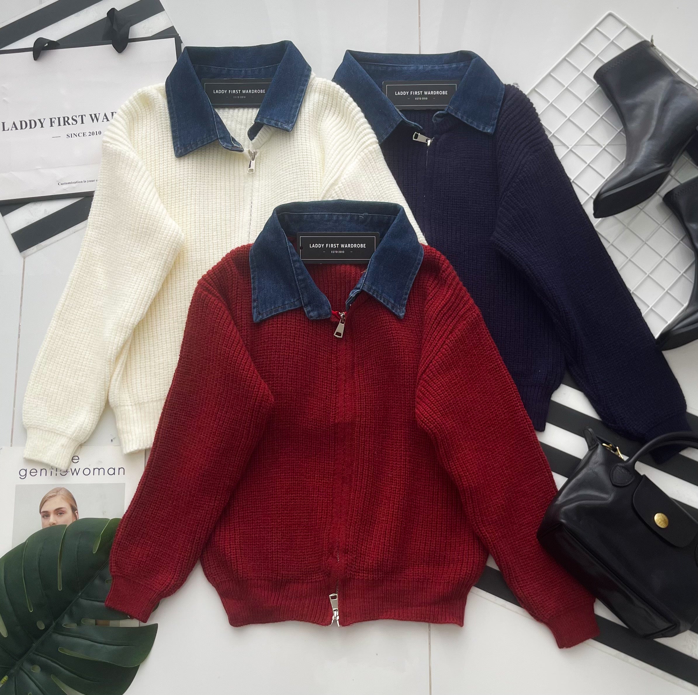 【T2878】高品质韩系厚实针织拼接牛仔翻领长袖百搭外套 ❤❤