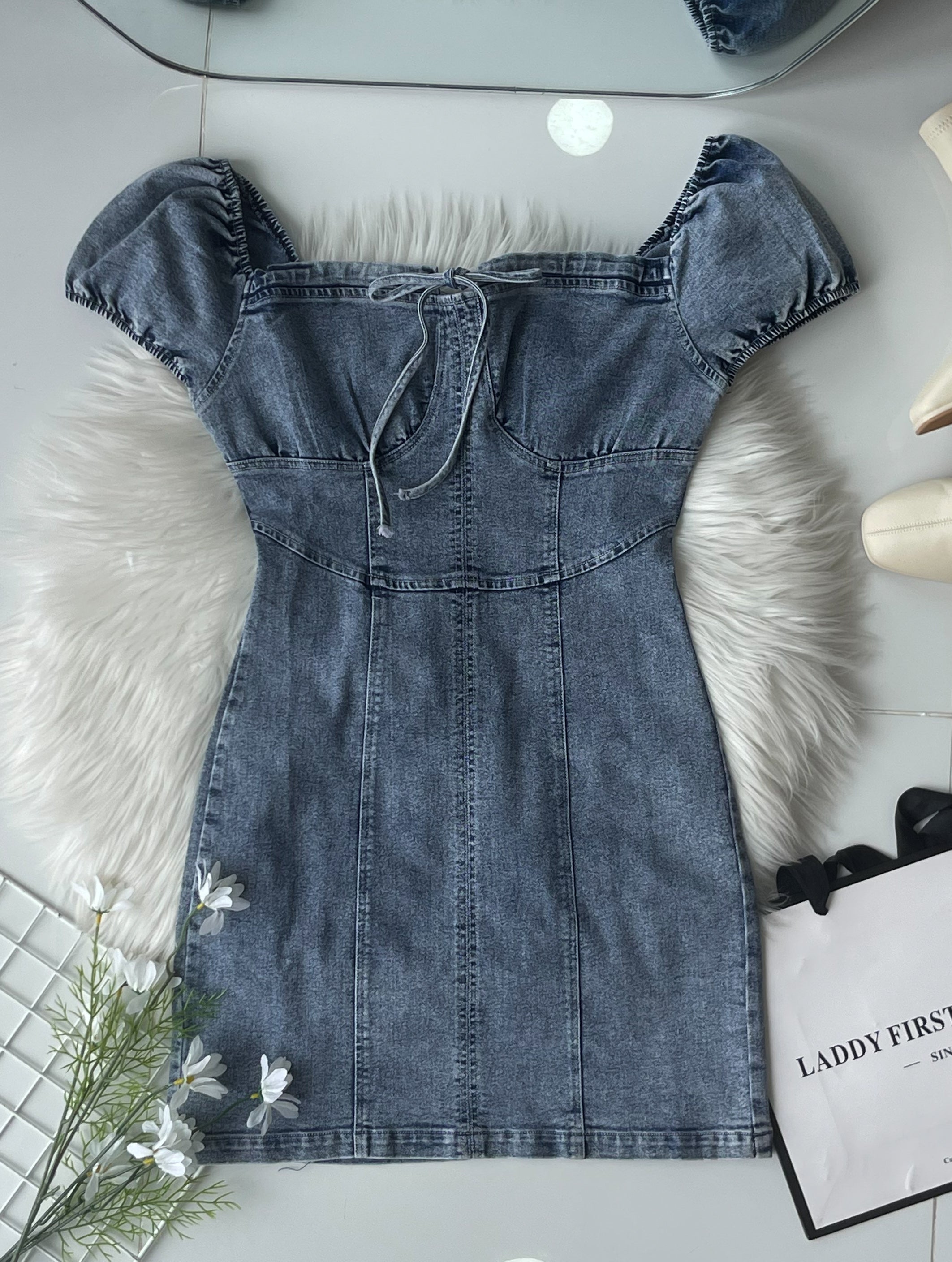 【D7113】高品质COTTON JEANS极简简约雪花牛仔连身裙子 ❤❤【B-R1-C5】