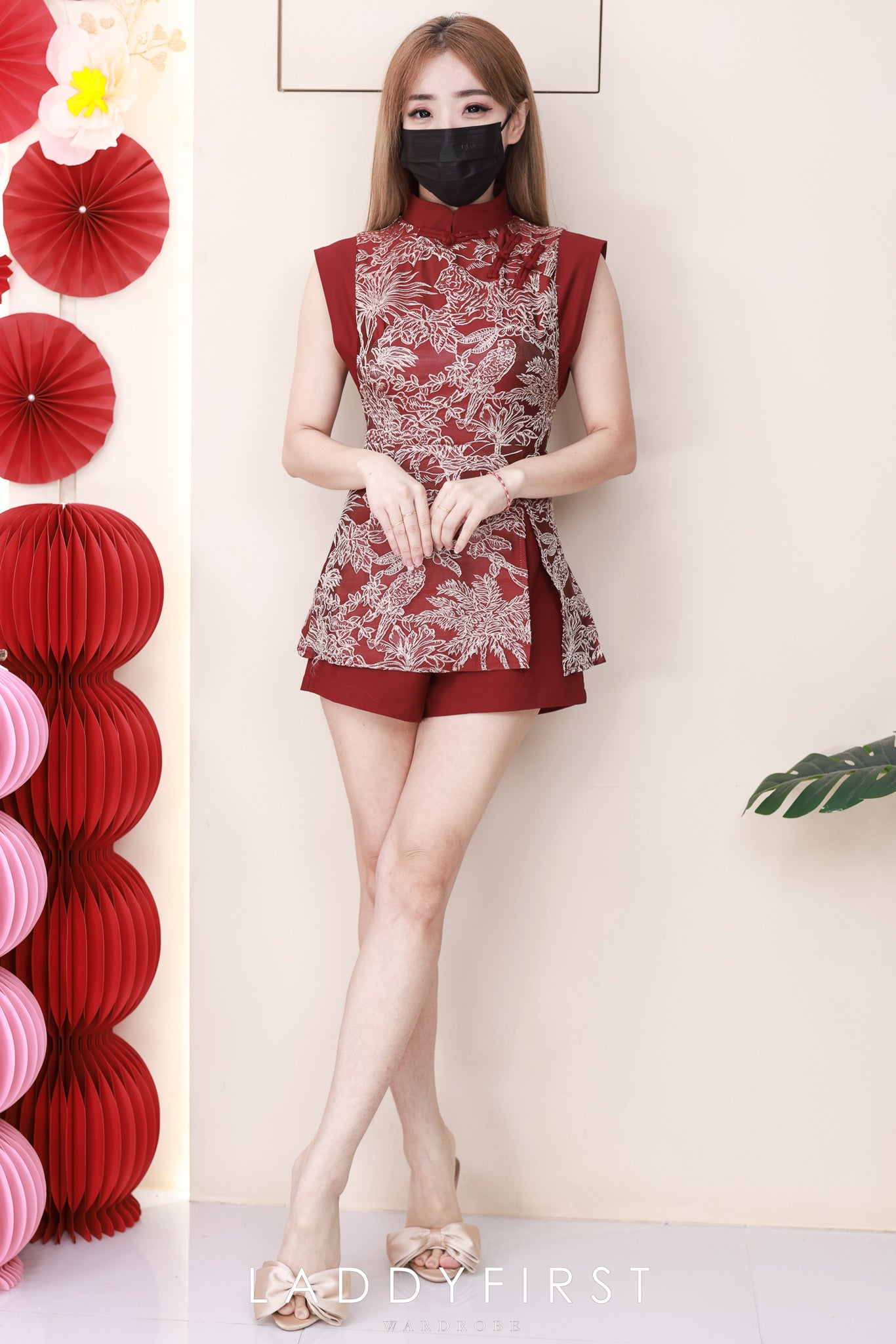 【D3505】【LFW独家小圆饼】高品质高档气质新中式国风西装拼接提花旗袍连身短裤，设计提花开叉裙子，内层西装连身短裤 ❤❤