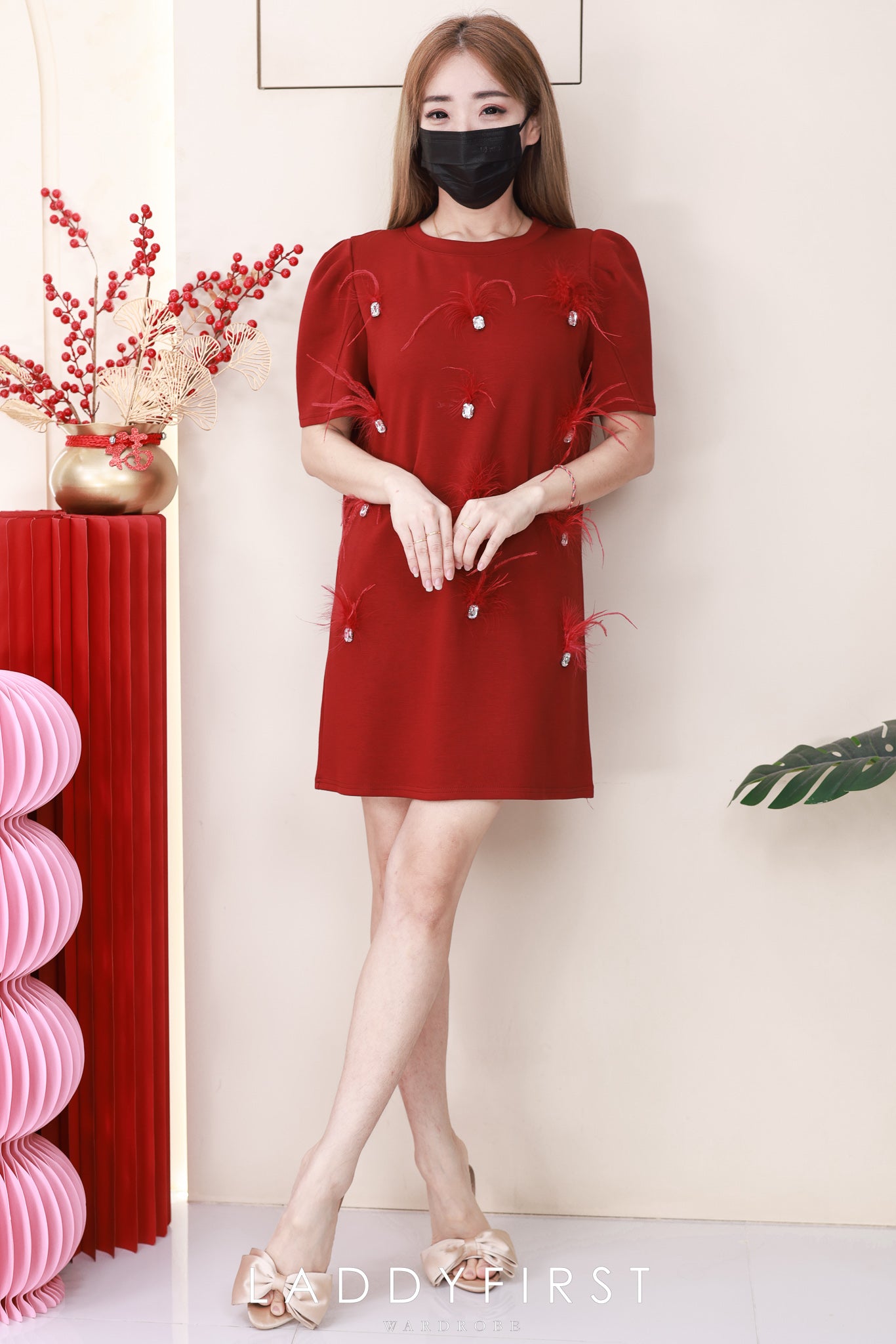 【D8897】高品质贵气感空气棉拼接砖石羽毛连身裙子 ❤❤【B-R1-C2】