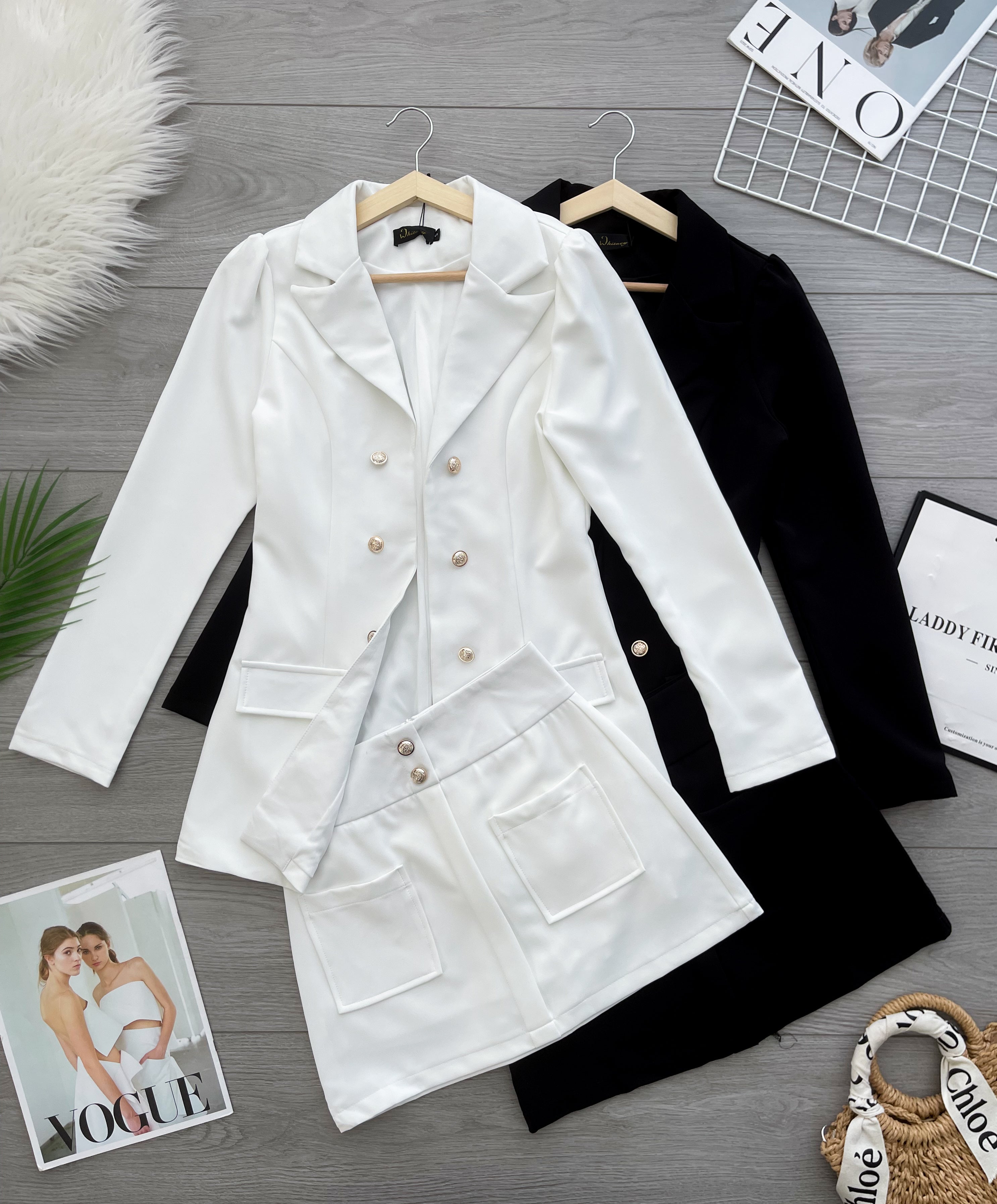 【SS16859】【补厂家现货⚡⚡】高品质两件式韩风欧美时尚西装套装 翻领长袖西装外套➕西装高腰百搭裙子，有口袋 ❤️❤️
