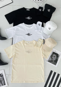 【O2088-8】CK高品质三件套男女同款圆领短袖CK刺绣Oversized 休闲上衣➕帽子➕袜子 ❤❤【A-RU1】
