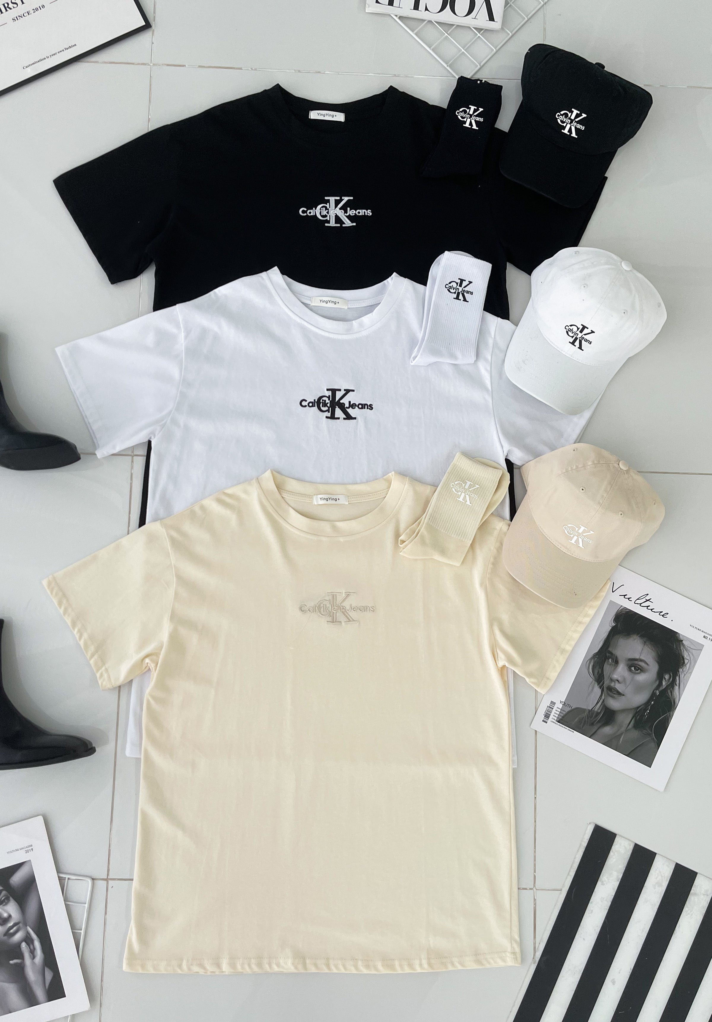 【O2088-8】CK高品质三件套男女同款圆领短袖CK刺绣Oversized 休闲上衣➕帽子➕袜子 ❤❤【A-RU1】