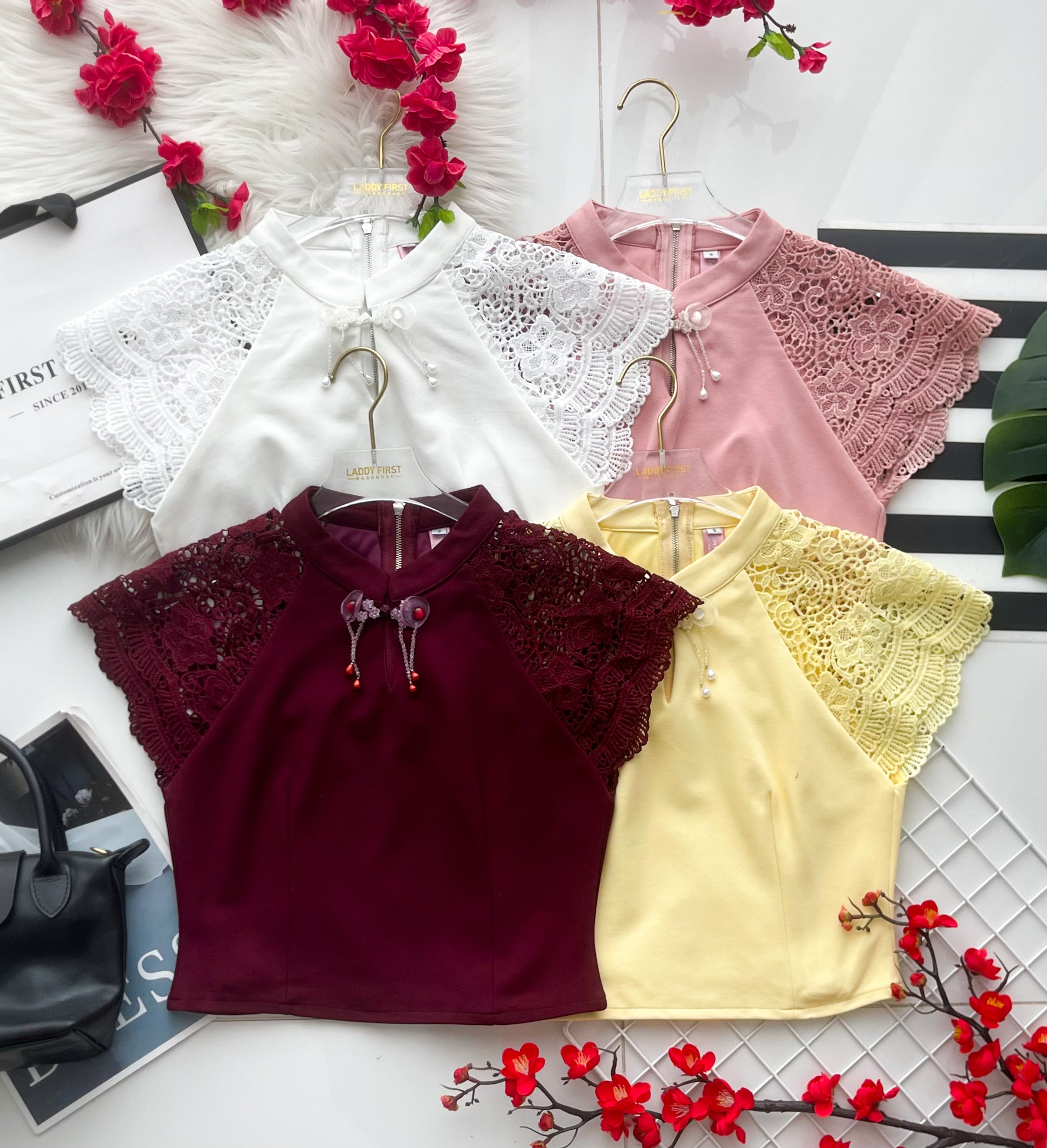 【T6936】高品质罗马拼接水溶蕾丝袖子旗袍上衣 ❤❤