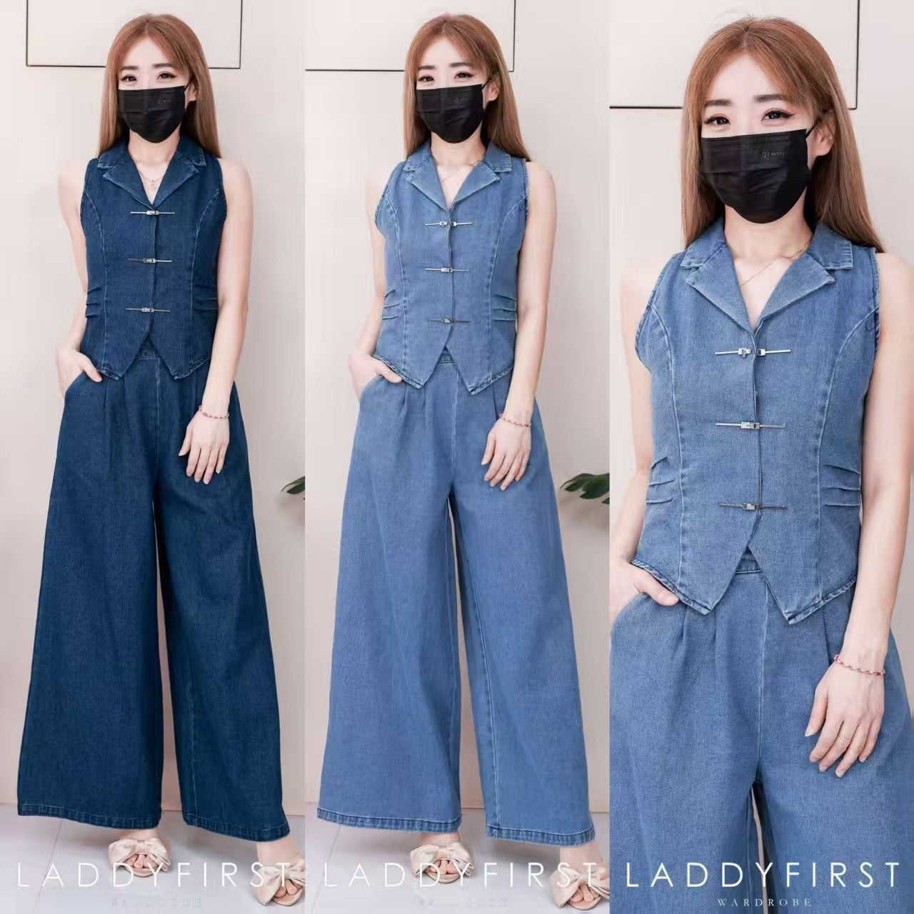 【SS6867】高品质两件式气质感马甲式牛仔套装 马甲式牛仔上衣➕阔脚直筒高腰牛仔长裤 ❤️❤️