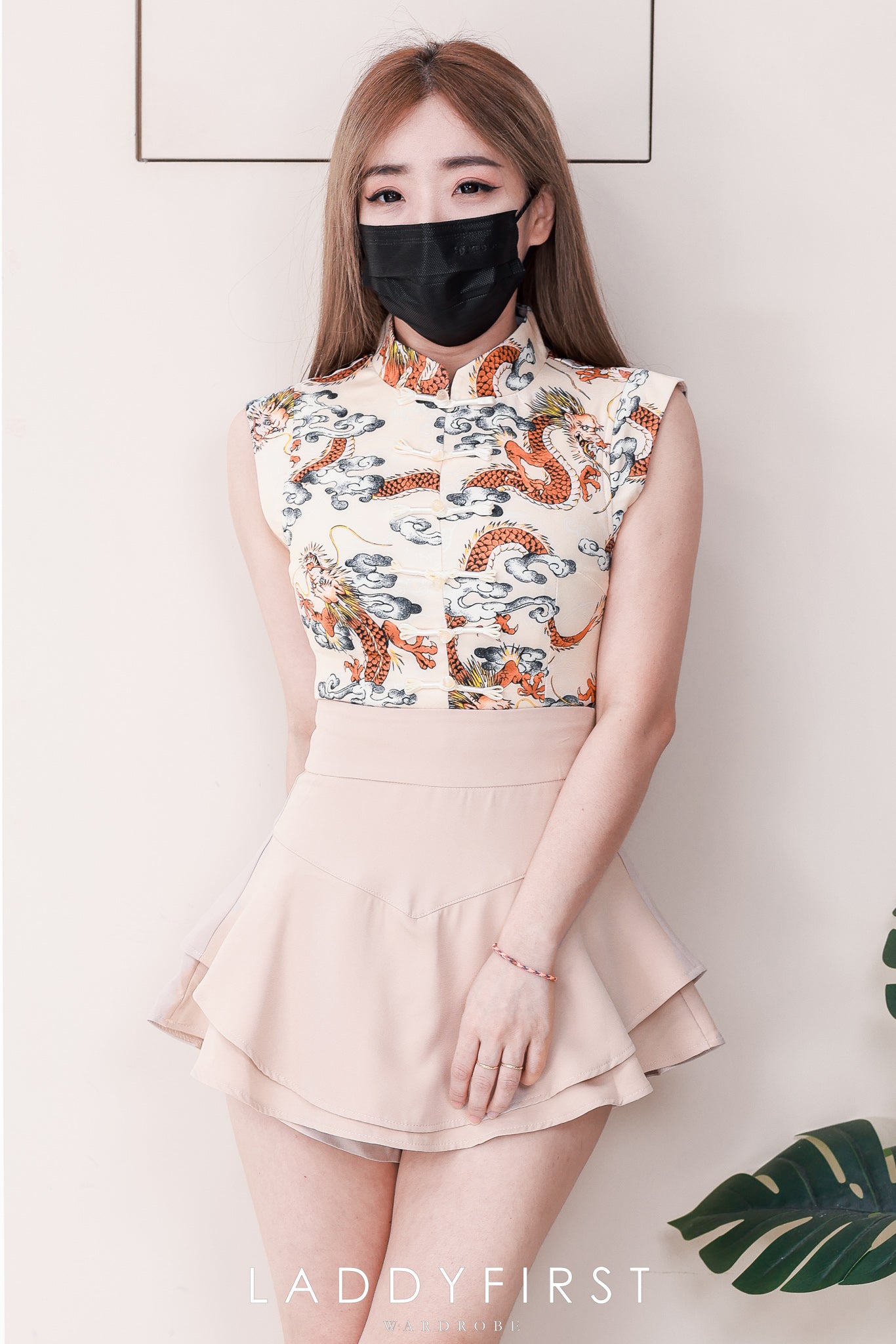 【SS3508】【LFW独家小圆饼】高品质两件式祥龙🐉图腾国潮唐装旗袍套装 立领盘扣无袖旗袍上衣➕假两件式西装高腰裤裙 ❤️❤️