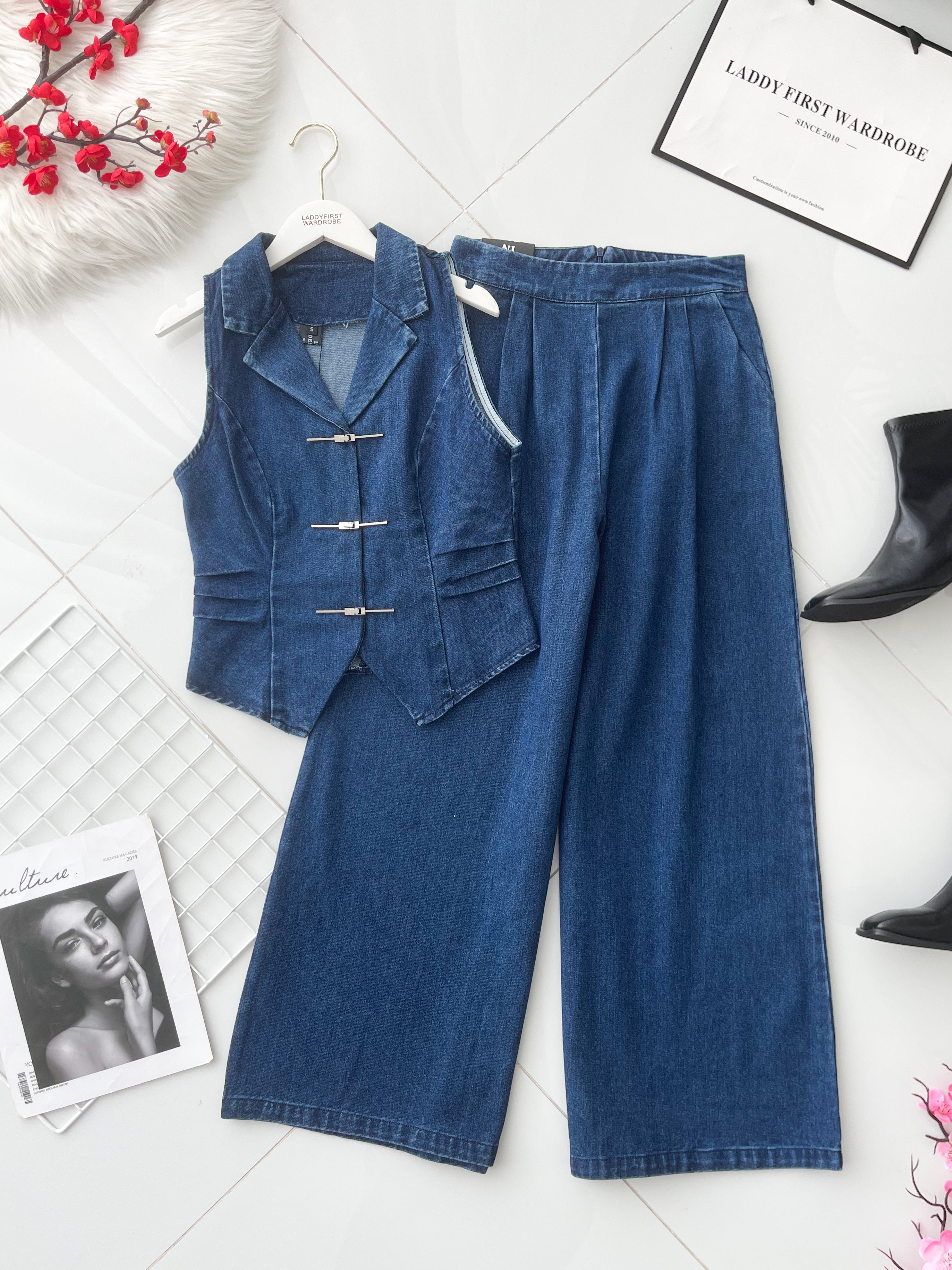 【SS6867】高品质两件式气质感马甲式牛仔套装 马甲式牛仔上衣➕阔脚直筒高腰牛仔长裤 ❤️❤️