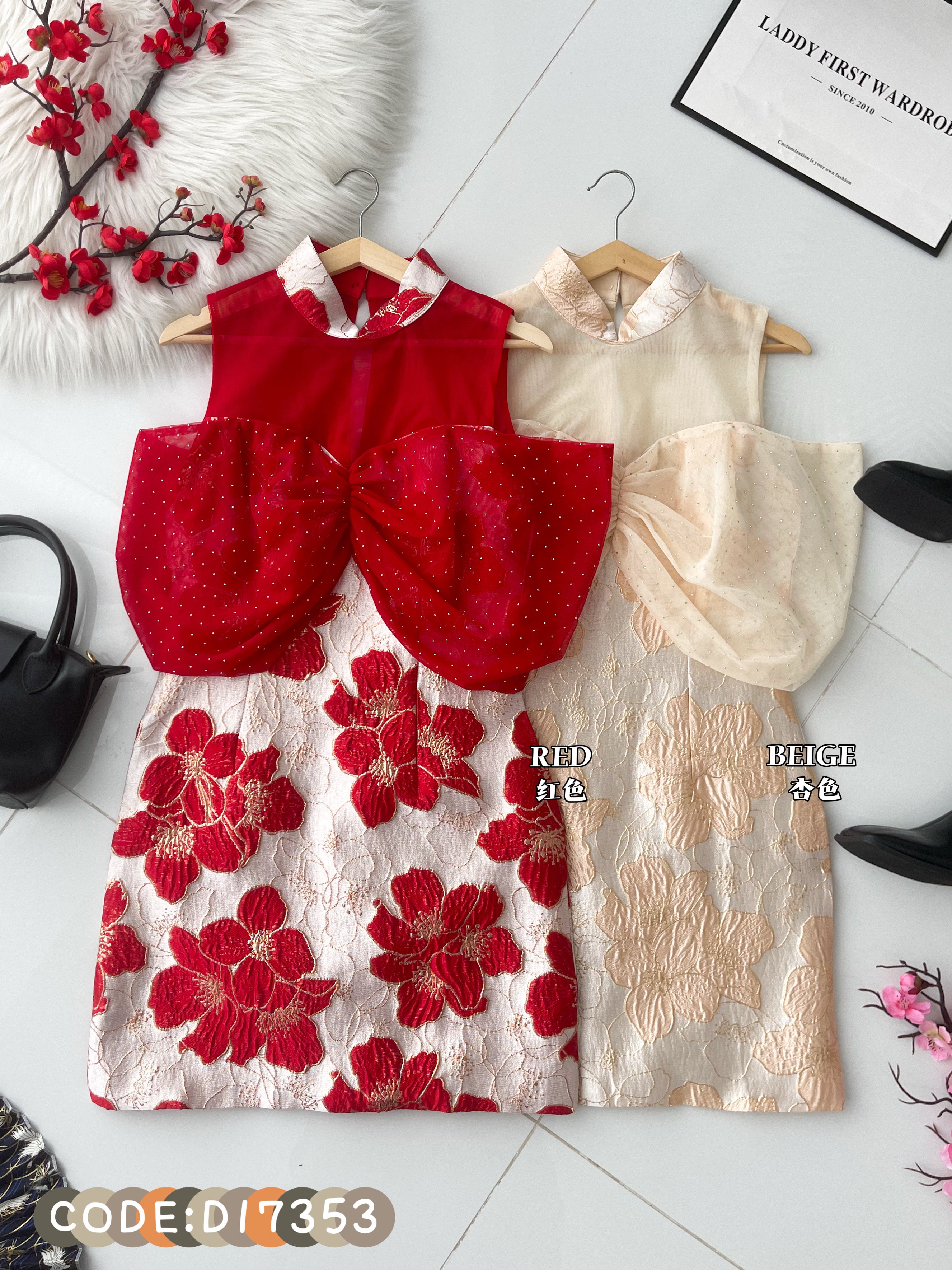 【D8238901】⚡️精选预定款⚡️高品质高端气质拼接网纱蝴蝶结提花旗袍连身裙子 ❤️❤️