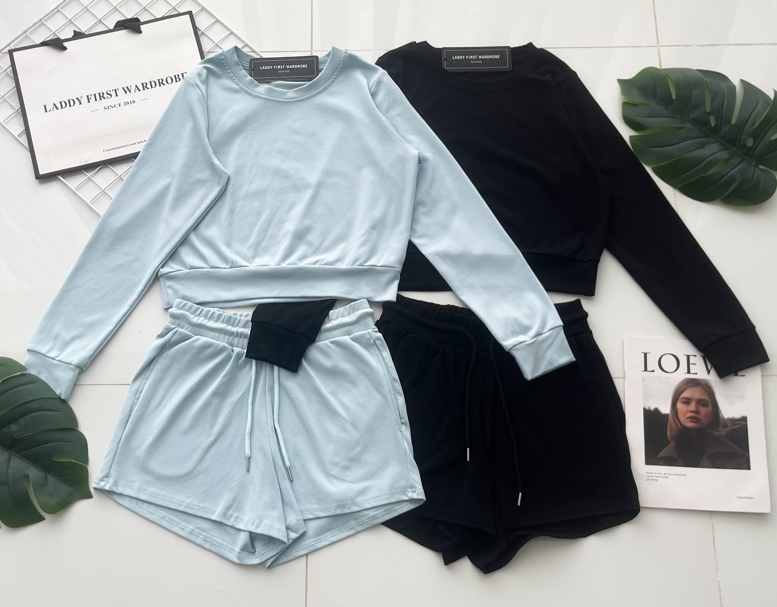 【SS823740】高品质两件式纯棉简约休闲百搭套装 宽松版休闲百搭长袖上衣➕松紧腰弹力休闲短裤，有口袋 ❤️❤️【B-R1-C4】