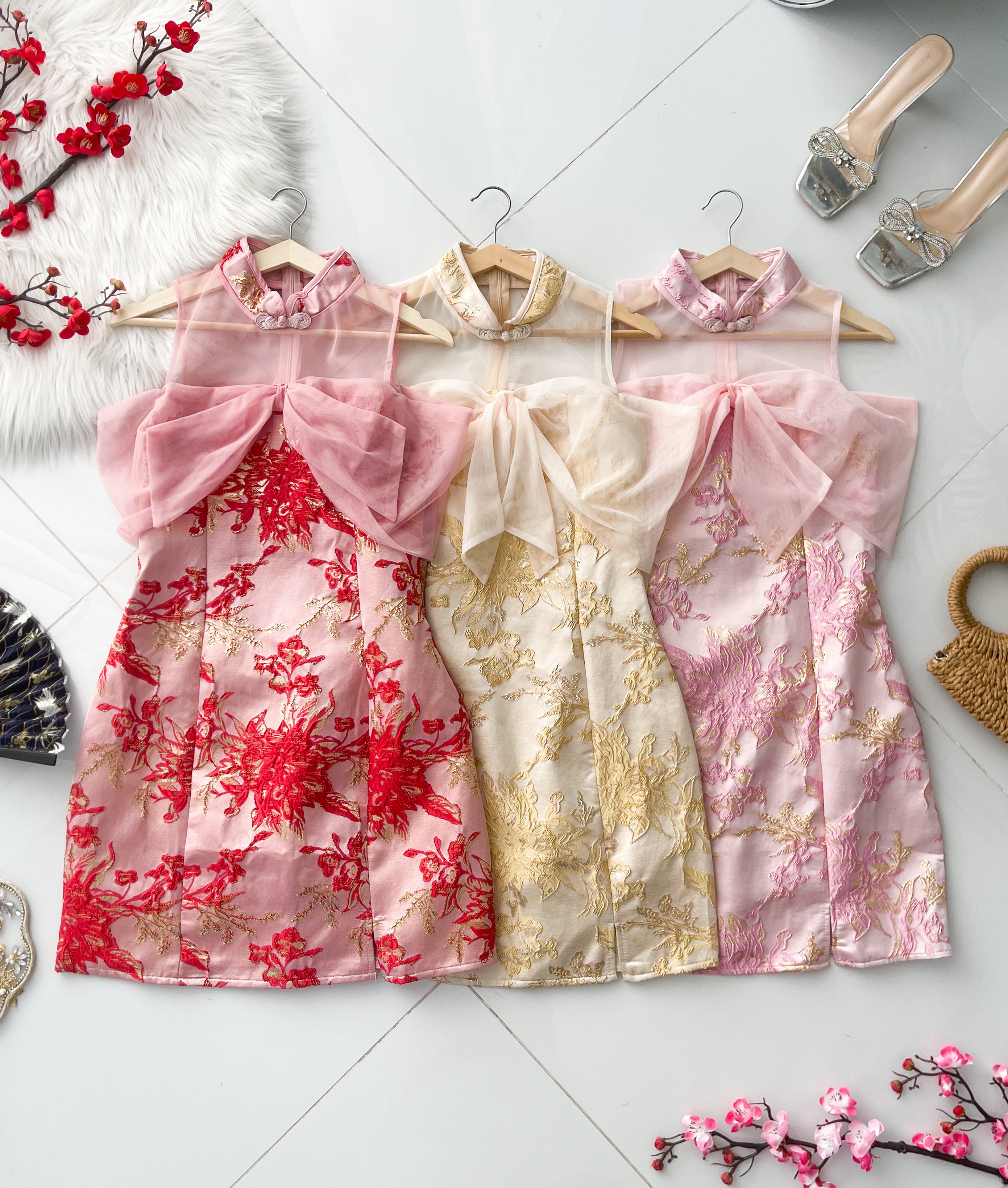 【D81657 / 91318】高品质高端气质拼接网纱蝴蝶结提花旗袍连身裙子 ❤️❤️【A-R2-C6】