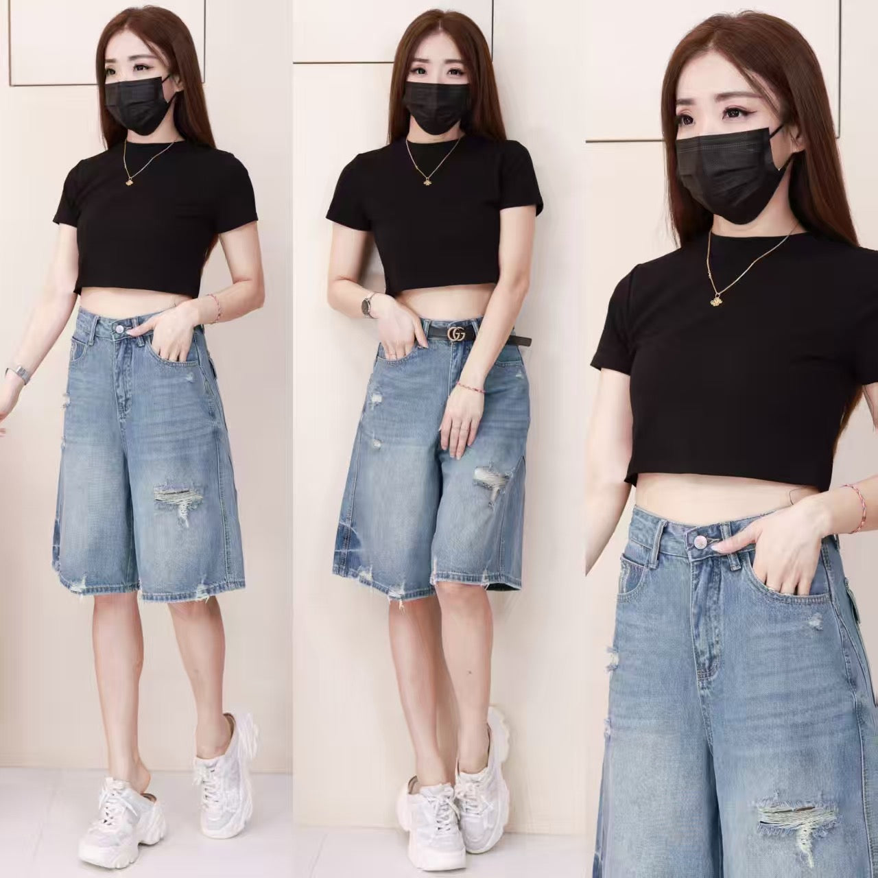 【S322】✨现货✨高品质高腰5分牛仔短裤 , 有口袋 ❤️