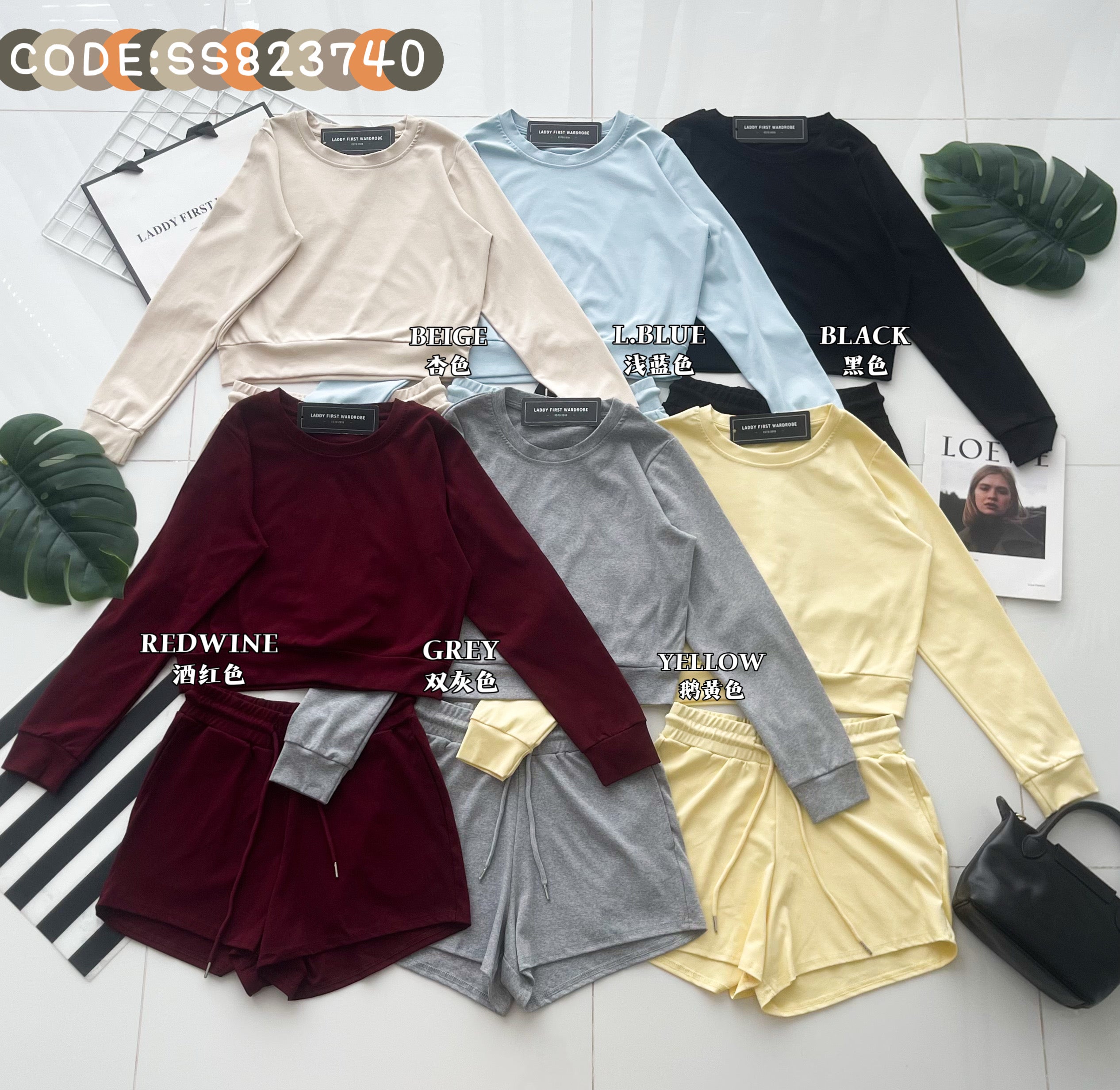 【SS823740】高品质两件式纯棉简约休闲百搭套装 宽松版休闲百搭长袖上衣➕松紧腰弹力休闲短裤，有口袋 ❤️❤️【B-R1-C4】