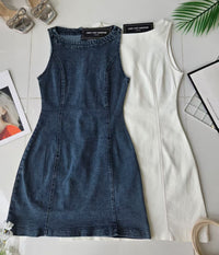 【D83262】高品质Cotton Jeans无袖牛仔弹力连身裙子 ❤️