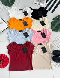 【T50151】独家爆款高品质方领短袖纯棉弹力简约日常百搭款上衣 ❤❤  【B-R2-C5】