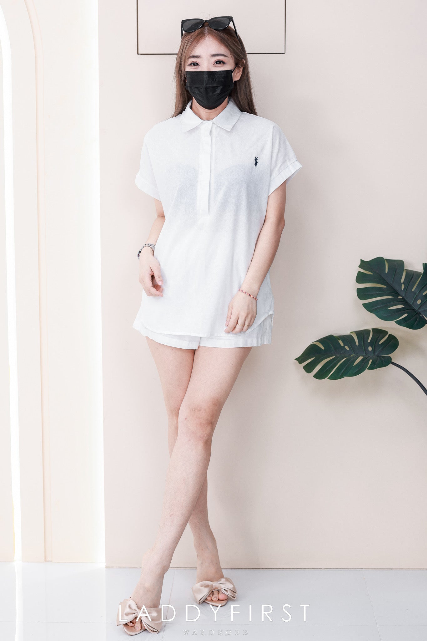 【SS8858-1】⚡补货预订款⚡高品质韩式简约棉麻时尚套装 宽松大版翻领短袖上衣➕松紧腰弹力高腰百搭短裤，有口袋❤️❤️