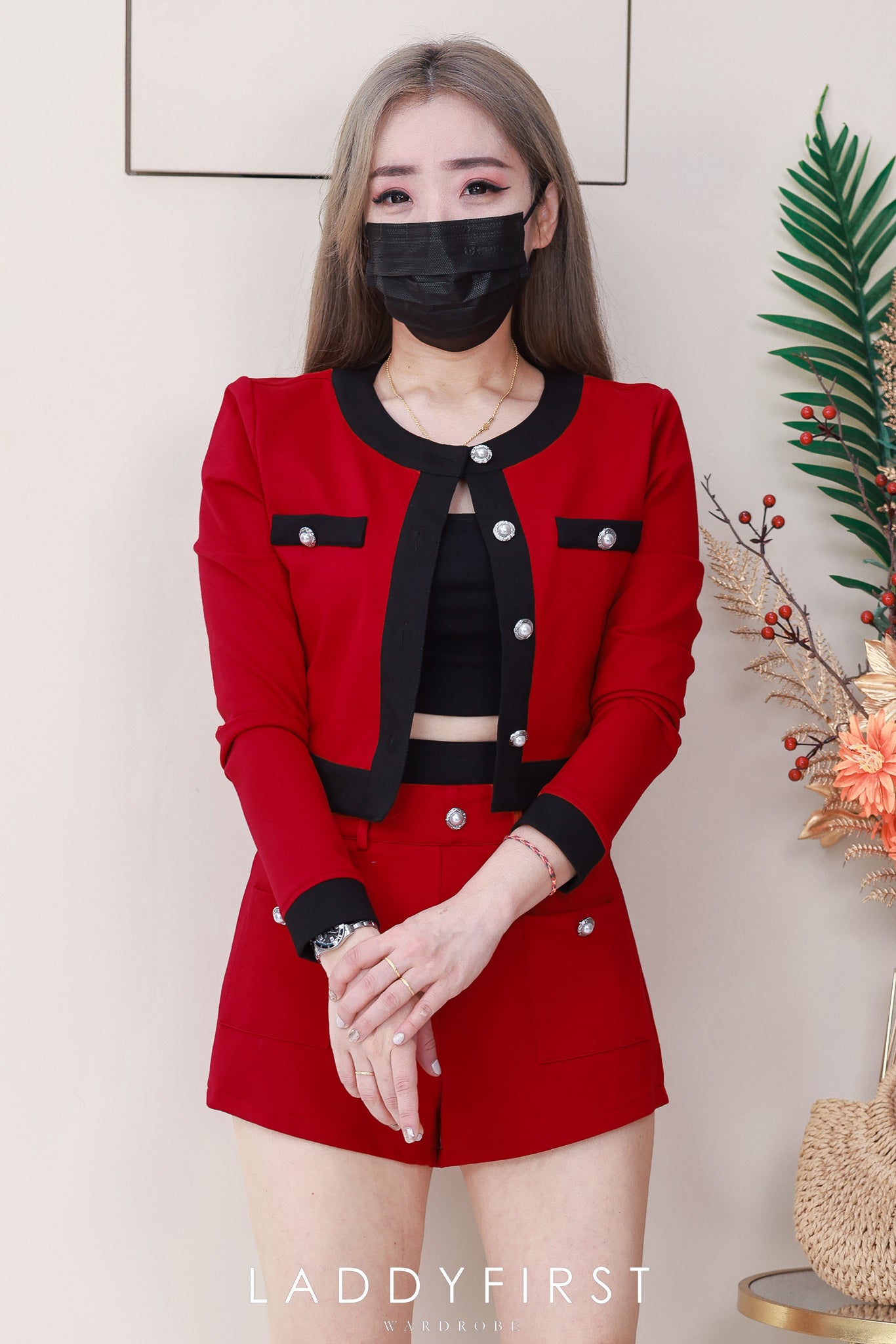 【SS3512】【LFW独家小圆饼】高品质两件高端气质罗马韩式小香风时尚套装 小香长袖罗马上衣/小外套➕罗马高腰百搭短裤，有口袋 ❤️❤️