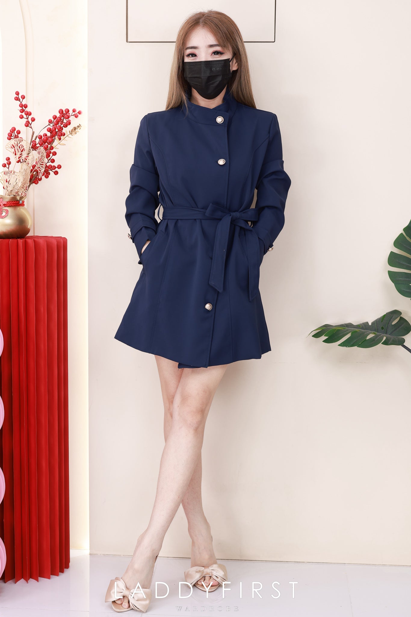 【JK2358】高品质韩式度假风气质立领长袖风衣外套/连身裙子，自辨腰带收腰，有口袋 ❤️❤️