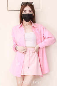 【SS3540】＊高质量套装回馈＊【LFW独家小圆饼】高品质两件式韩式气质感衬衫时尚套装 宽松版翻领长袖衬衫上衣➕卫衣棉松紧腰弹力高腰裙子，内层有里布短裤 ❤️❤️