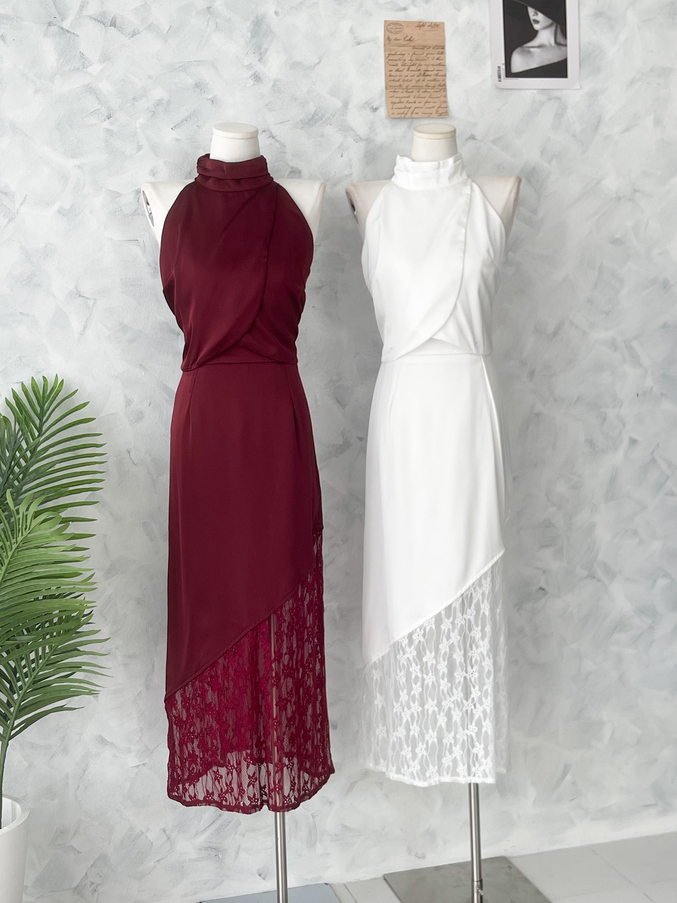 【SS6854】高品质两件式高级感晚宴缎面蕾丝套装 高领CUT IN缎面上衣➕缎面拼接蕾丝长裙 ❤️❤️