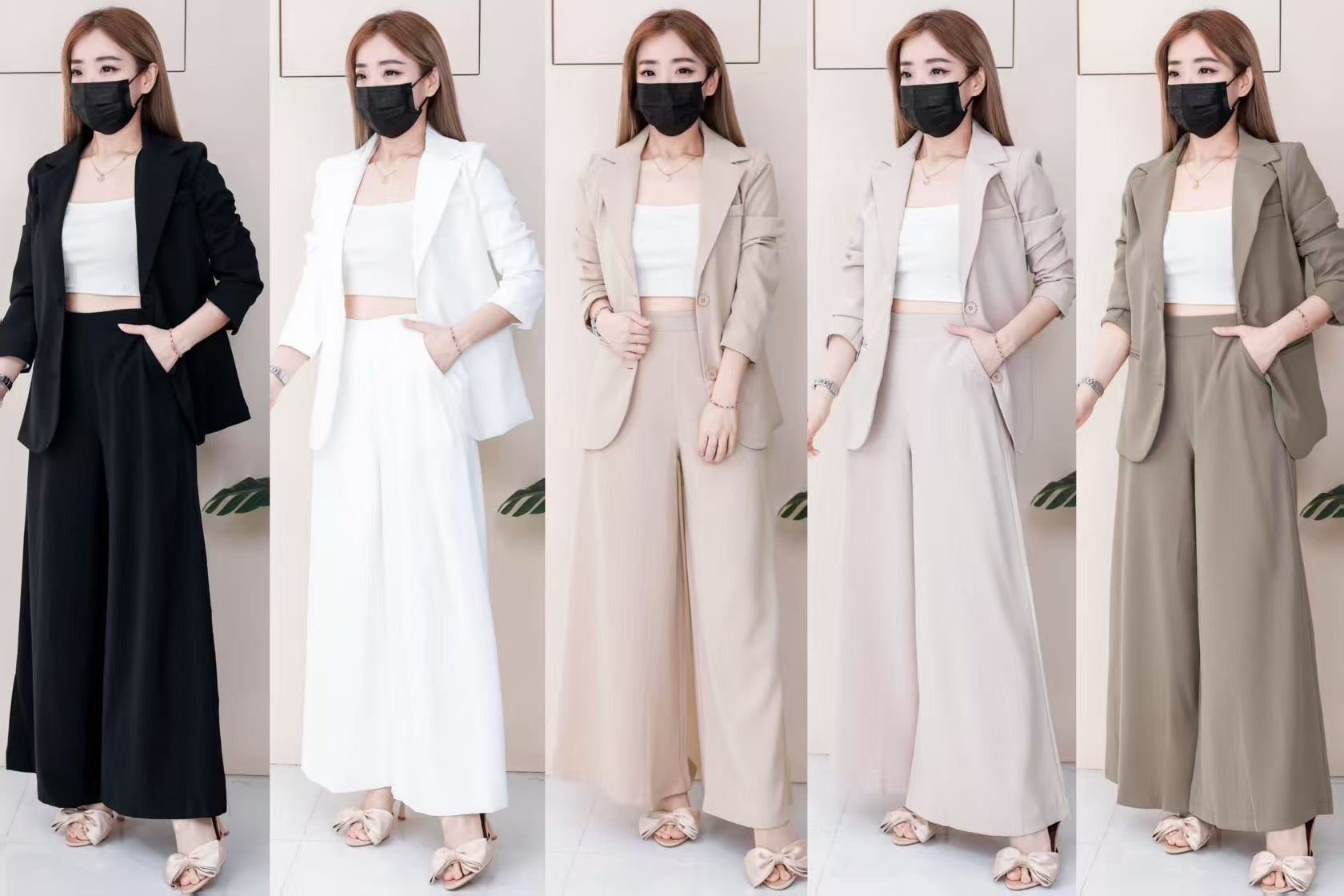【SS2516】高品质两件式Oversized OL LOOK 气质西装套装 V翻领长袖西装外套➕宽腿阔脚西装高腰百搭长裤，有口袋 ❤️❤️ 【A- R1-C6】