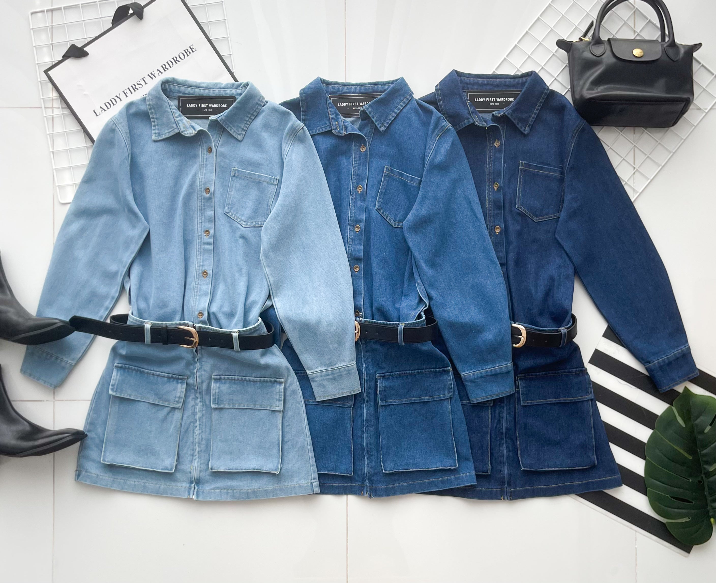 【D7702】高品质美式复古风翻领长袖牛仔连身裙子，附送腰带，有口袋 ❤❤【B-R1-C6】