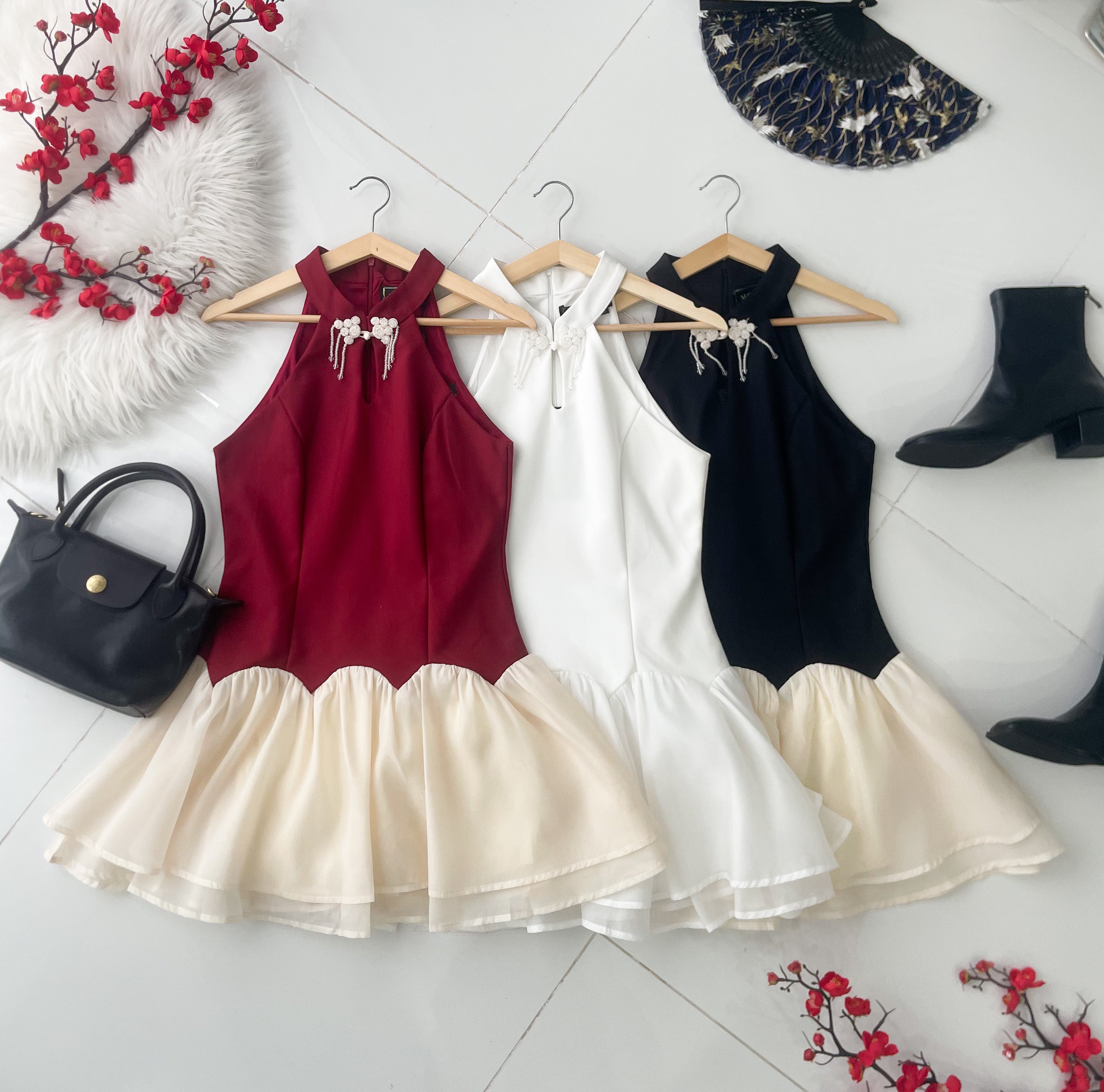 【D77139】高品质精致水晶流苏盘扣设计西装拼接雪纺缝缝旗袍连身裙子，内层有里布短裤 ❤❤【B-R3-C3】