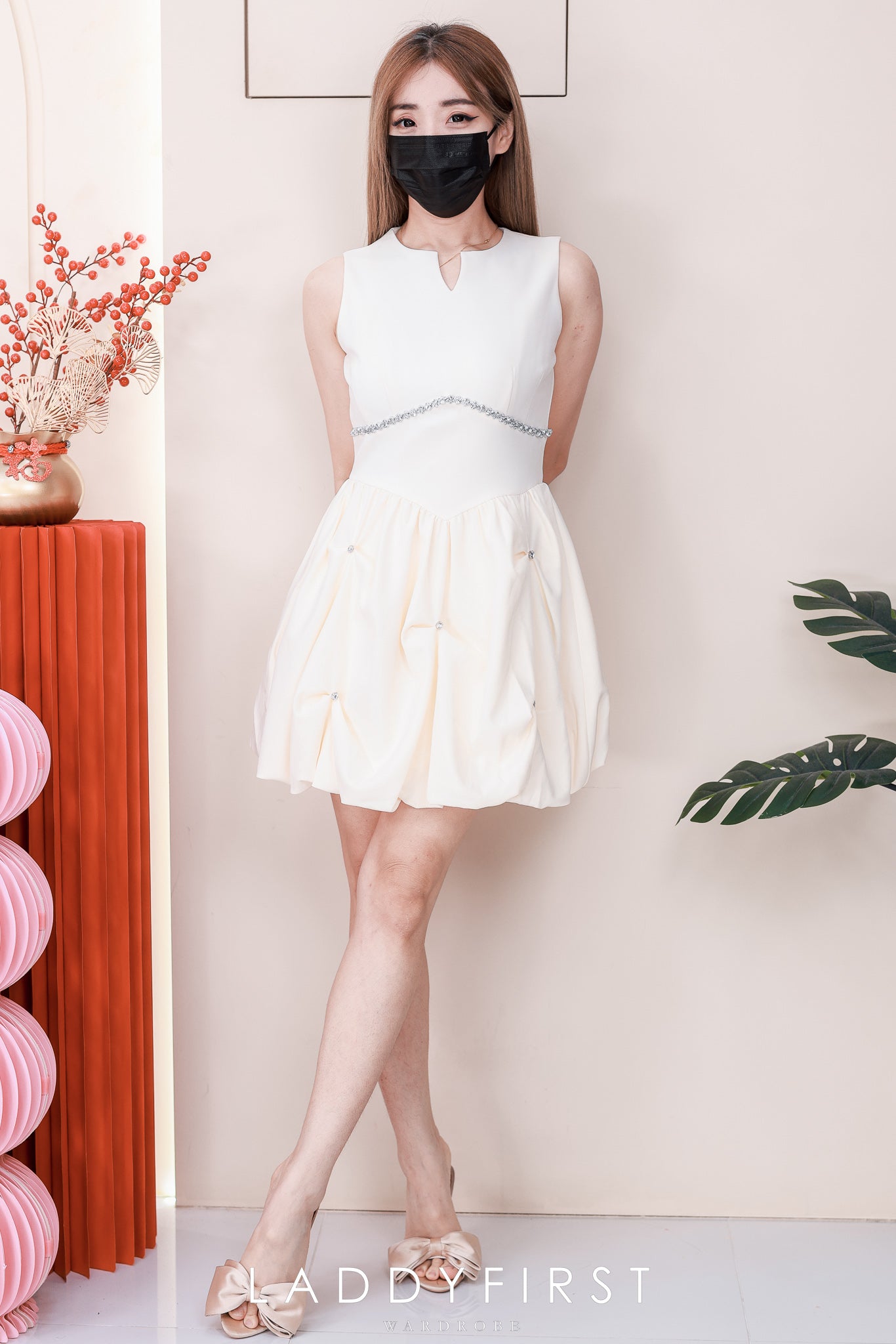 【D81690 / 65236】高品质高端名媛款气质拼接钻石花苞连身裙子 ❤❤ 【A-R2-C1】