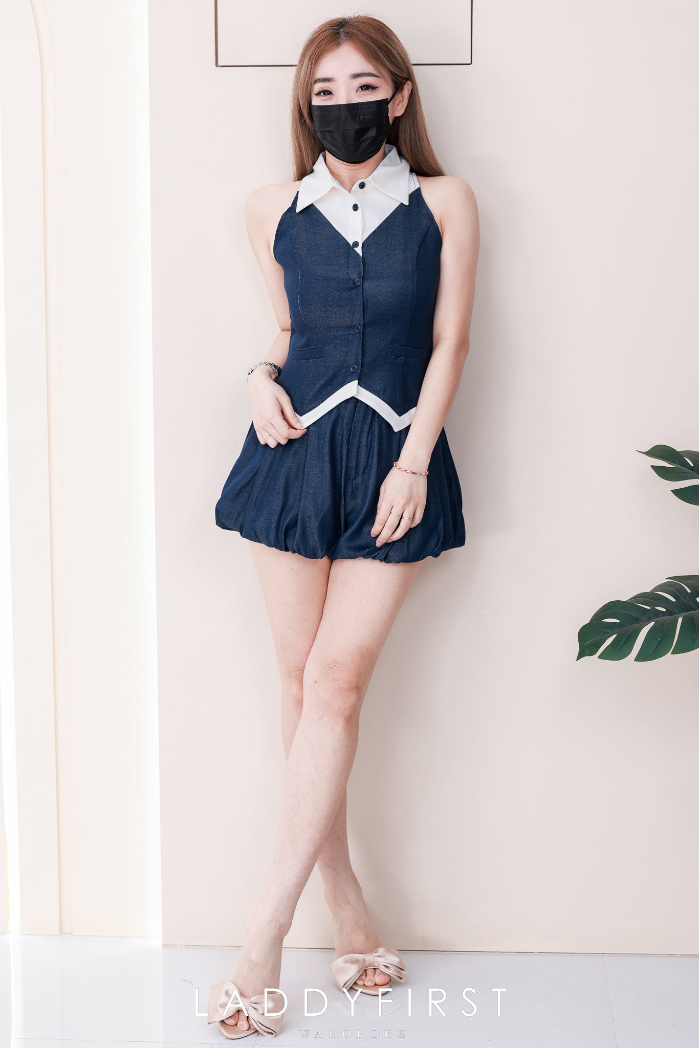 【SS21673 / 37467】【补厂家现货⚡⚡】两件式韩风马甲式时尚套装套装 翻领马甲式上衣➕花苞高腰百搭短裤，有口袋 ❤️❤️