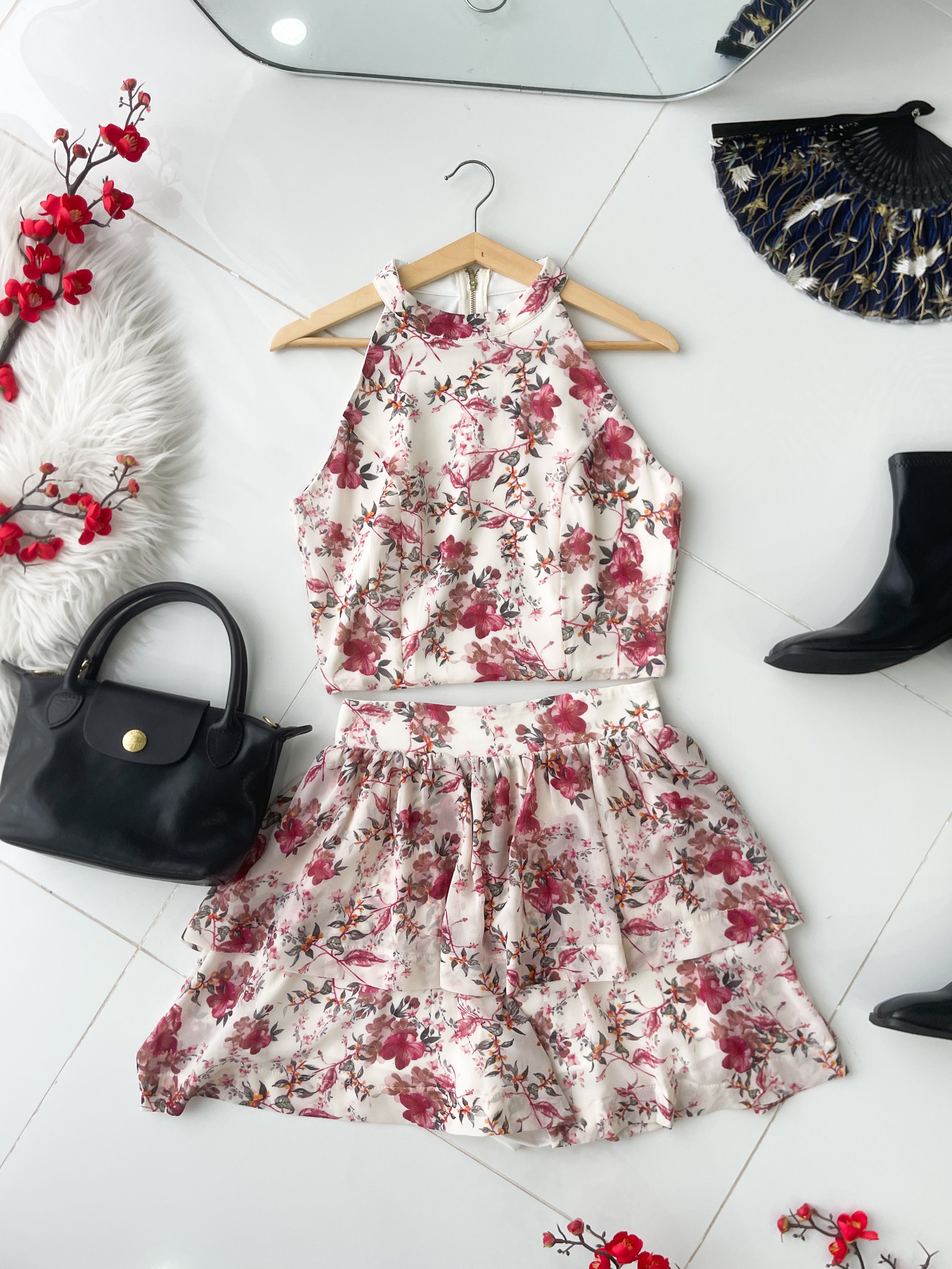 【SS8246831】高品质两件式雪纺碎花套装 雪纺碎花无袖上衣➕雪纺碎花蛋糕裙子，内层有里布短裤 ❤️❤️【B-R1-C5】