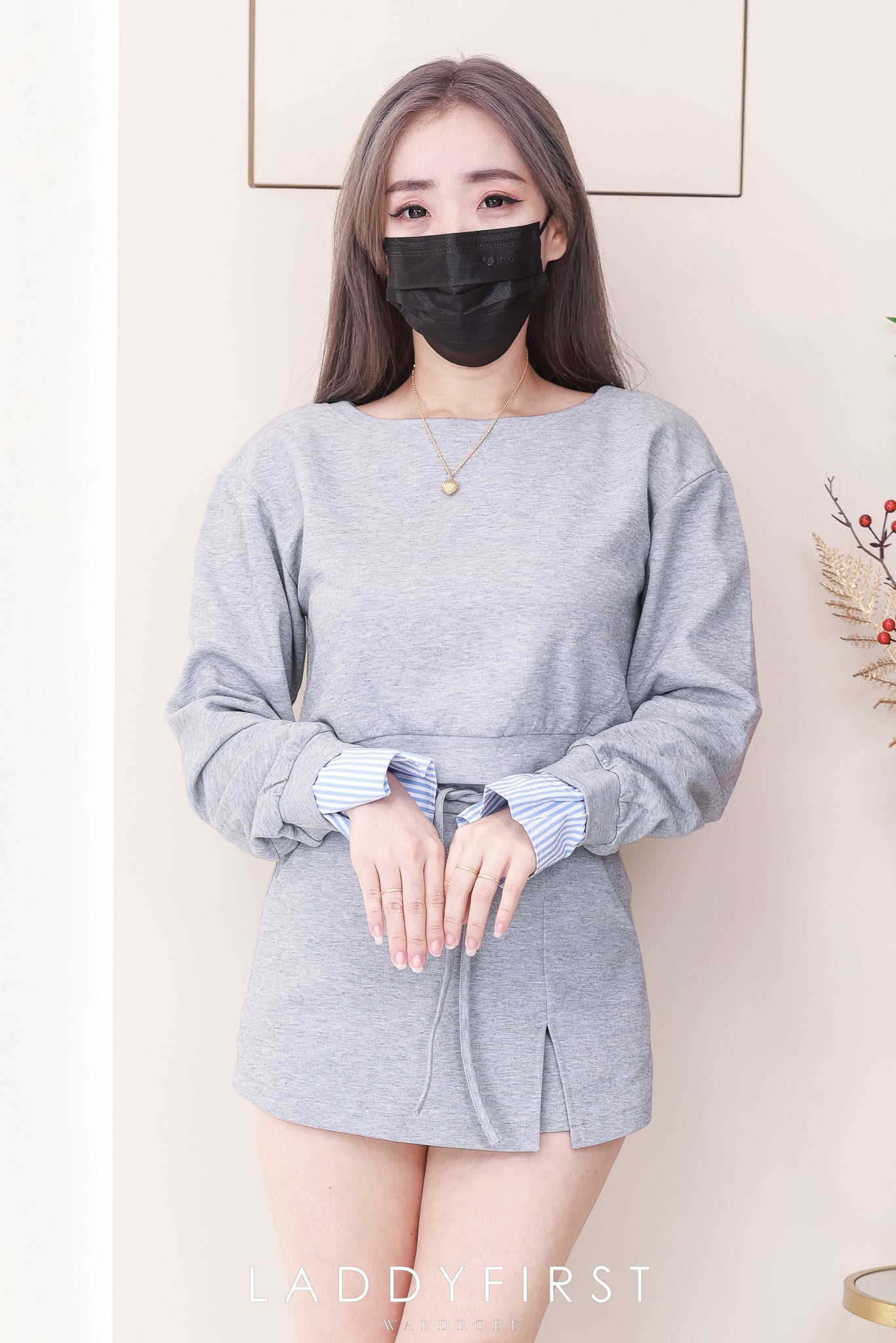 【SS6399-1】⚡补货预订款⚡高品质两件式卫衣棉气质休闲百搭套装 宽松版圆领长袖上衣➕前裙后裤高腰百搭裤裙，有口袋 ❤️❤️