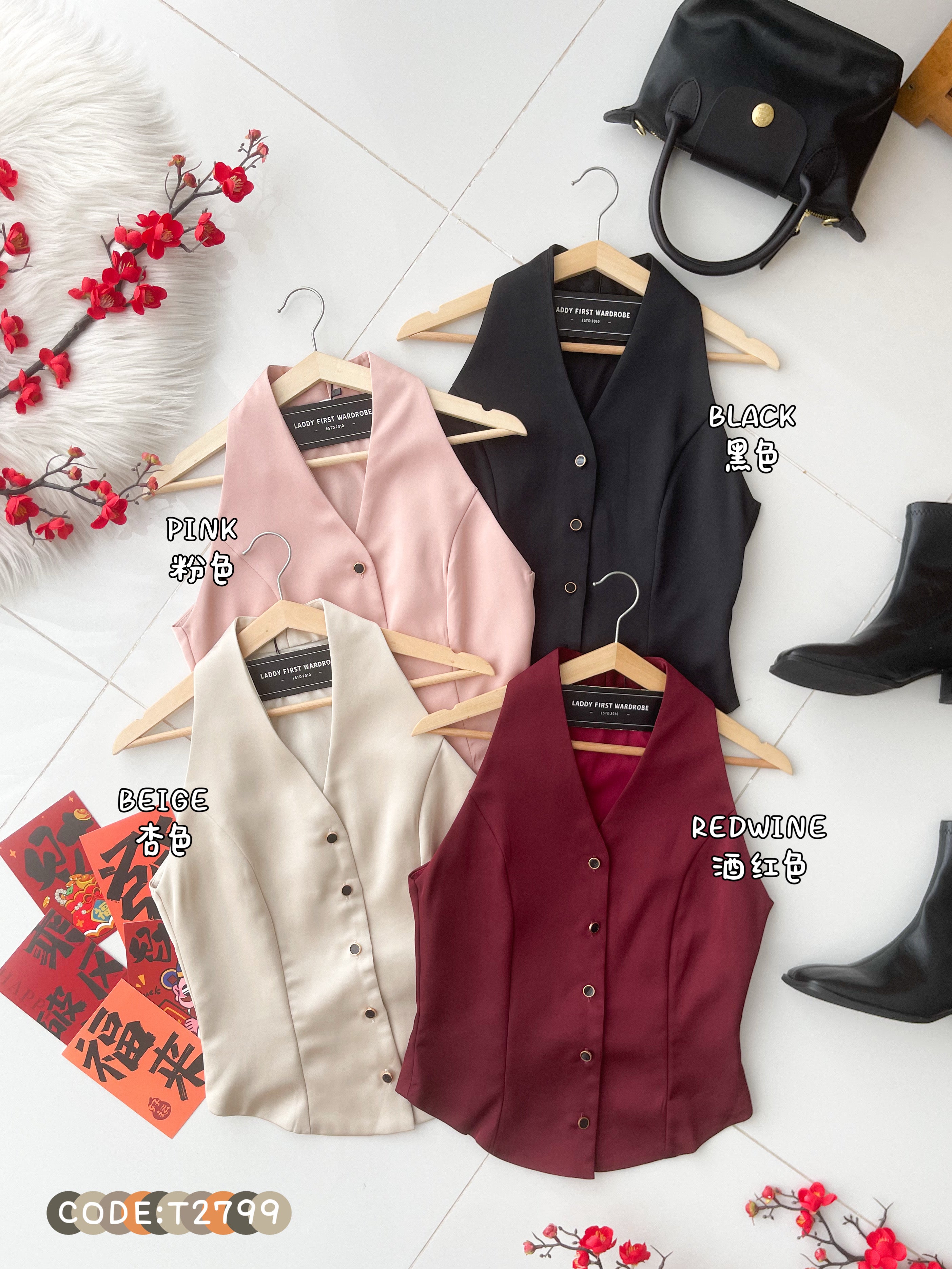 【T2799】高品质御姐风肖肩露锁骨马甲式缎面气质上衣 ❤❤