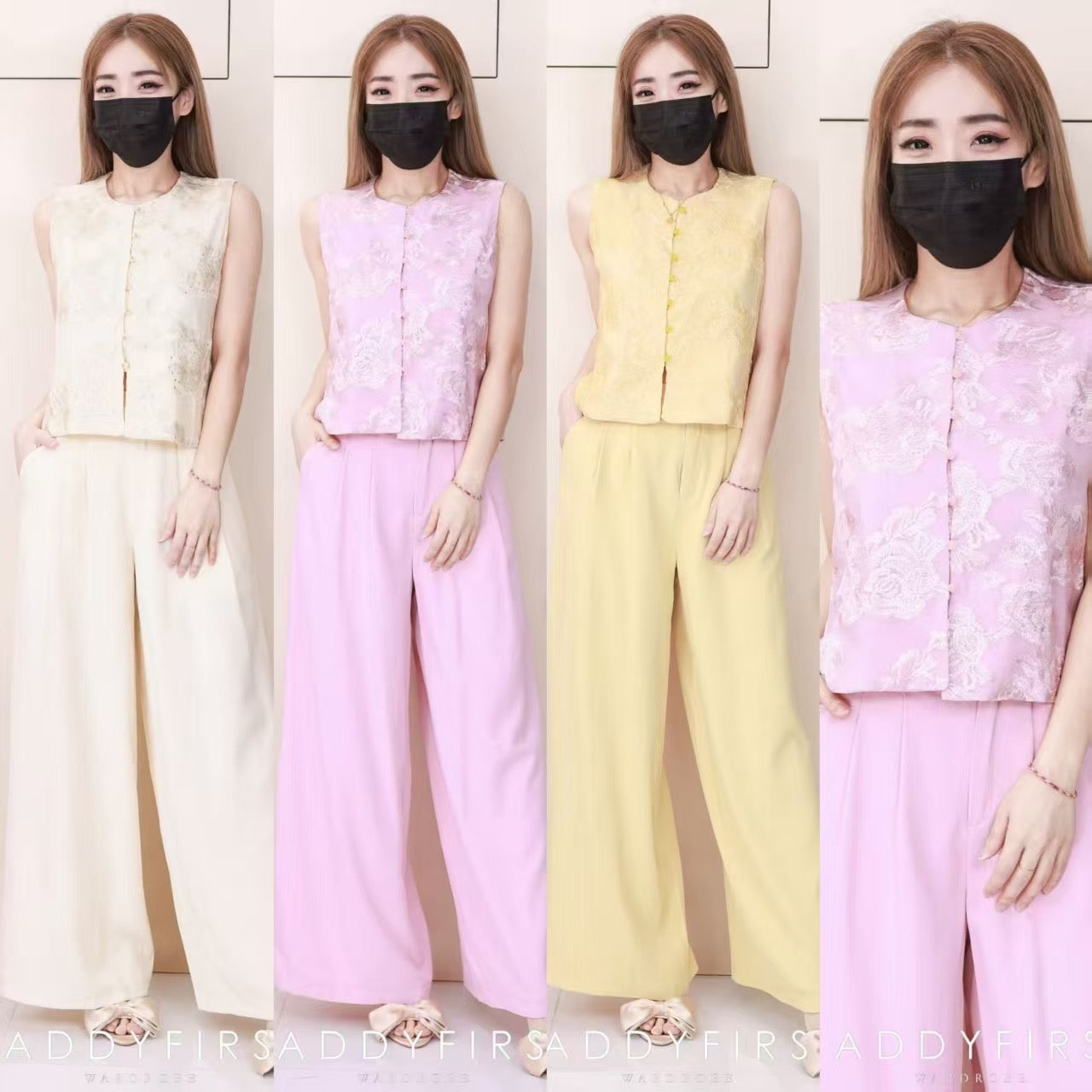 【SS21828 / 65230】高品质两件式高端大气气质优雅旗袍套装 网纱绣花宽松版上衣➕西装垂感阔脚高腰长裤，有口袋 ❤️❤️