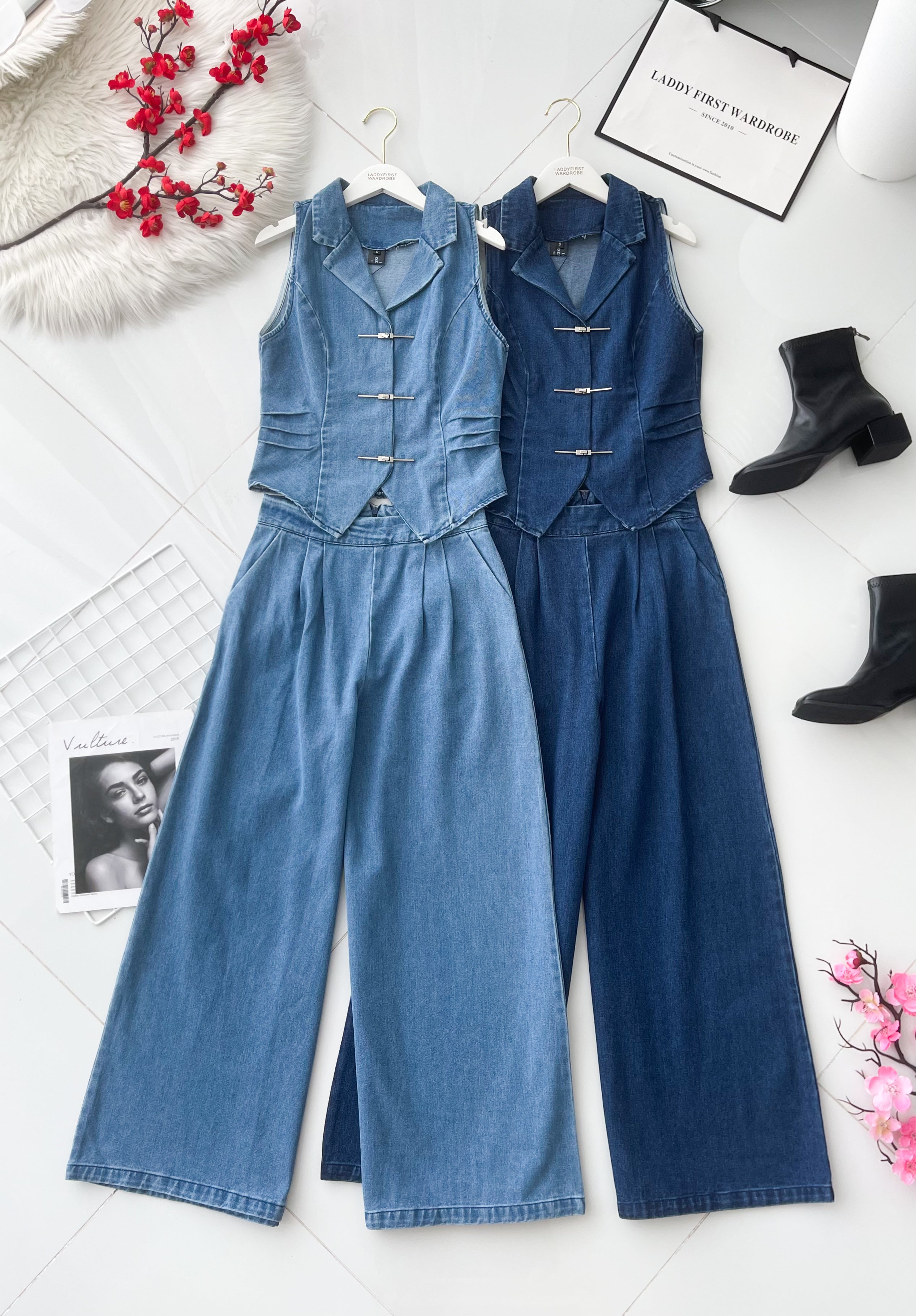 【SS6867】高品质两件式气质感马甲式牛仔套装 马甲式牛仔上衣➕阔脚直筒高腰牛仔长裤 ❤️❤️