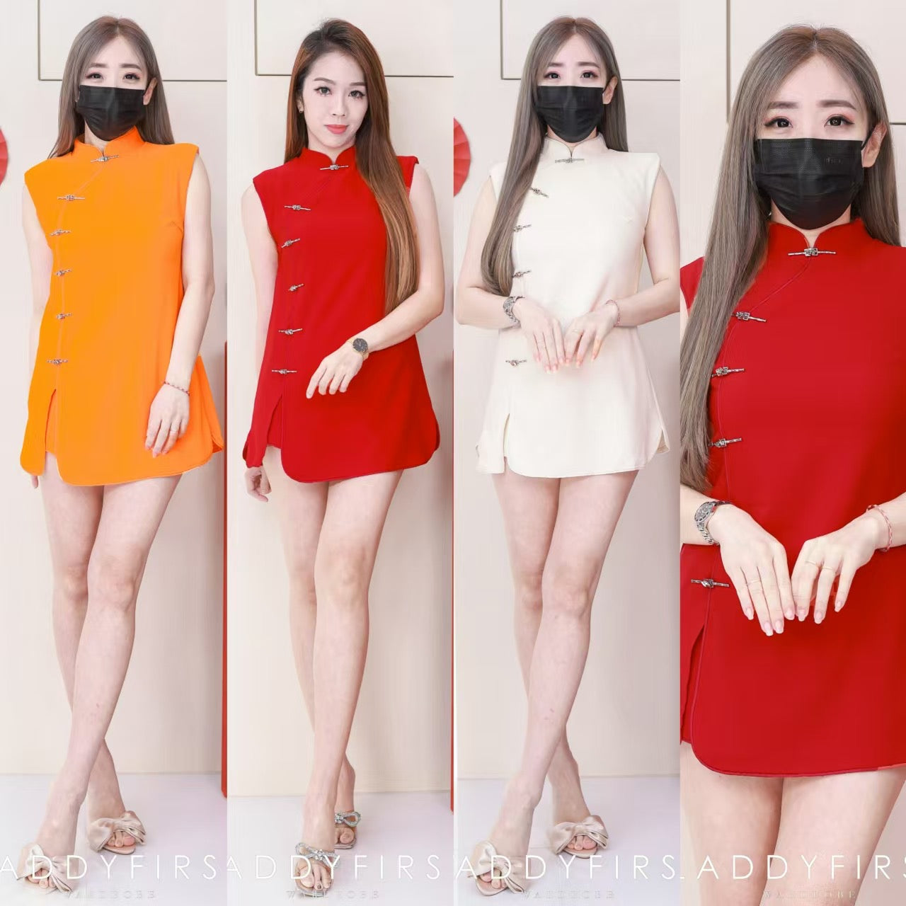 【SS3481】【LFW独家小圆饼】高品质两件式减龄洋气时尚新中式国风西装旗袍套装 排盘扣无袖旗袍连衣裙➕松紧腰弹力高腰百搭短裤，有口袋 ❤️❤️