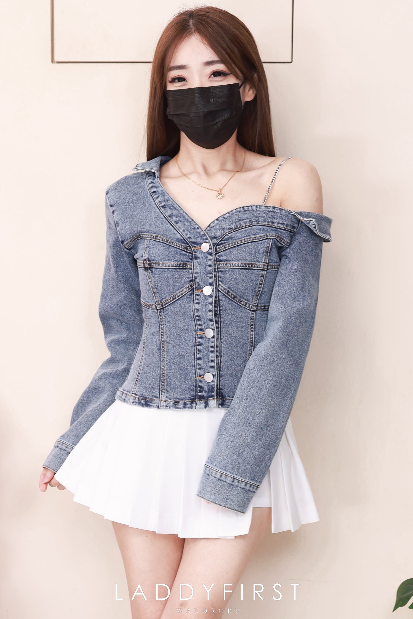 【T7738】高品质爆气感御姐风斜肩长袖牛仔上衣 ❤❤【A-R1-C1】