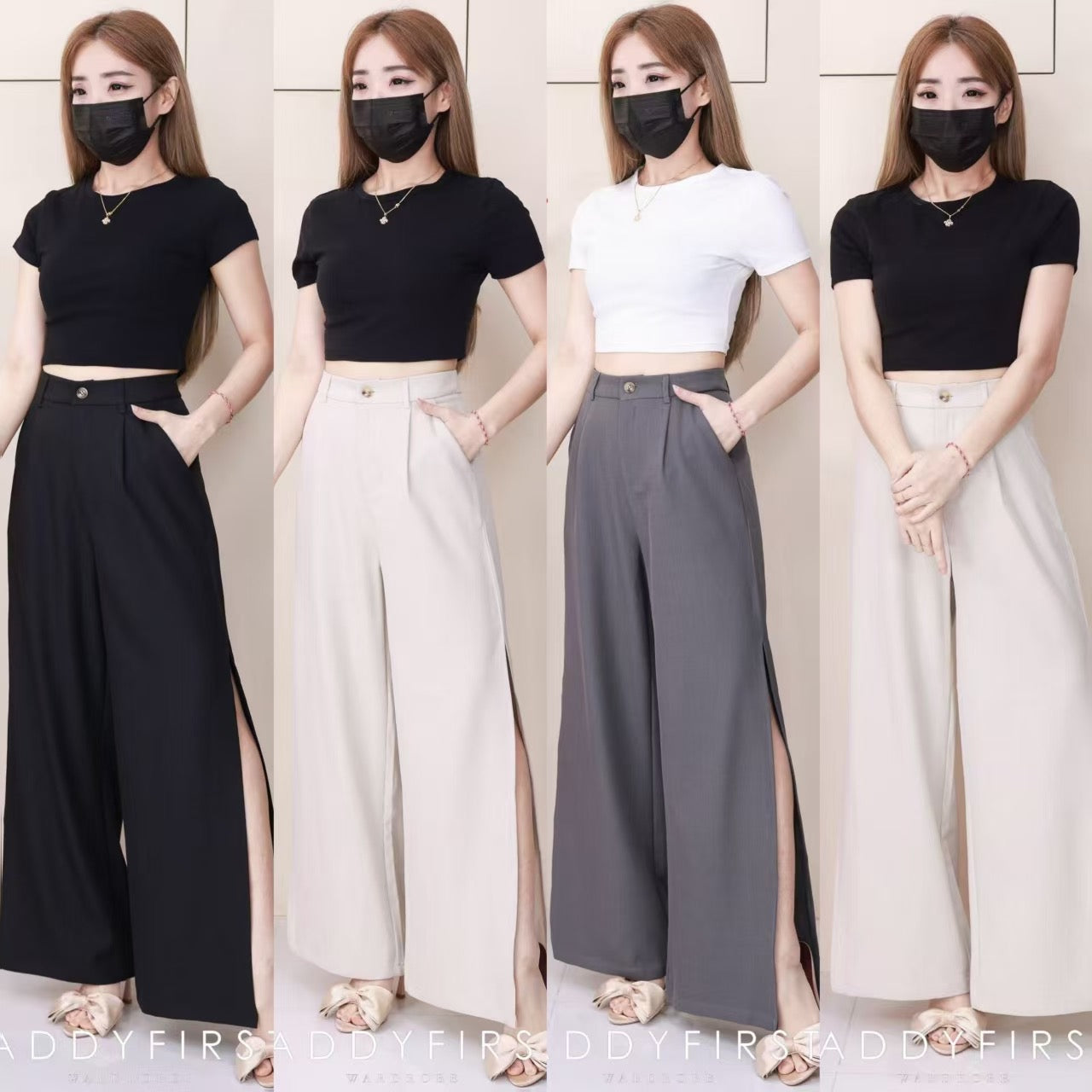 【L6218 / 16996】高品质复古西装两侧开叉设计阔脚高腰百搭长裤，有口袋 ❤️❤️